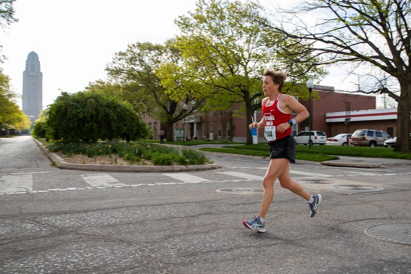 Lt. Col. Deborah Fisher runs in the Lincoln Marathon in Lincoln, Nebraska, on May 2. Fisher was the 11th female Guard member to finish, the 44th female overall, and the first female in the 50-55 age group.