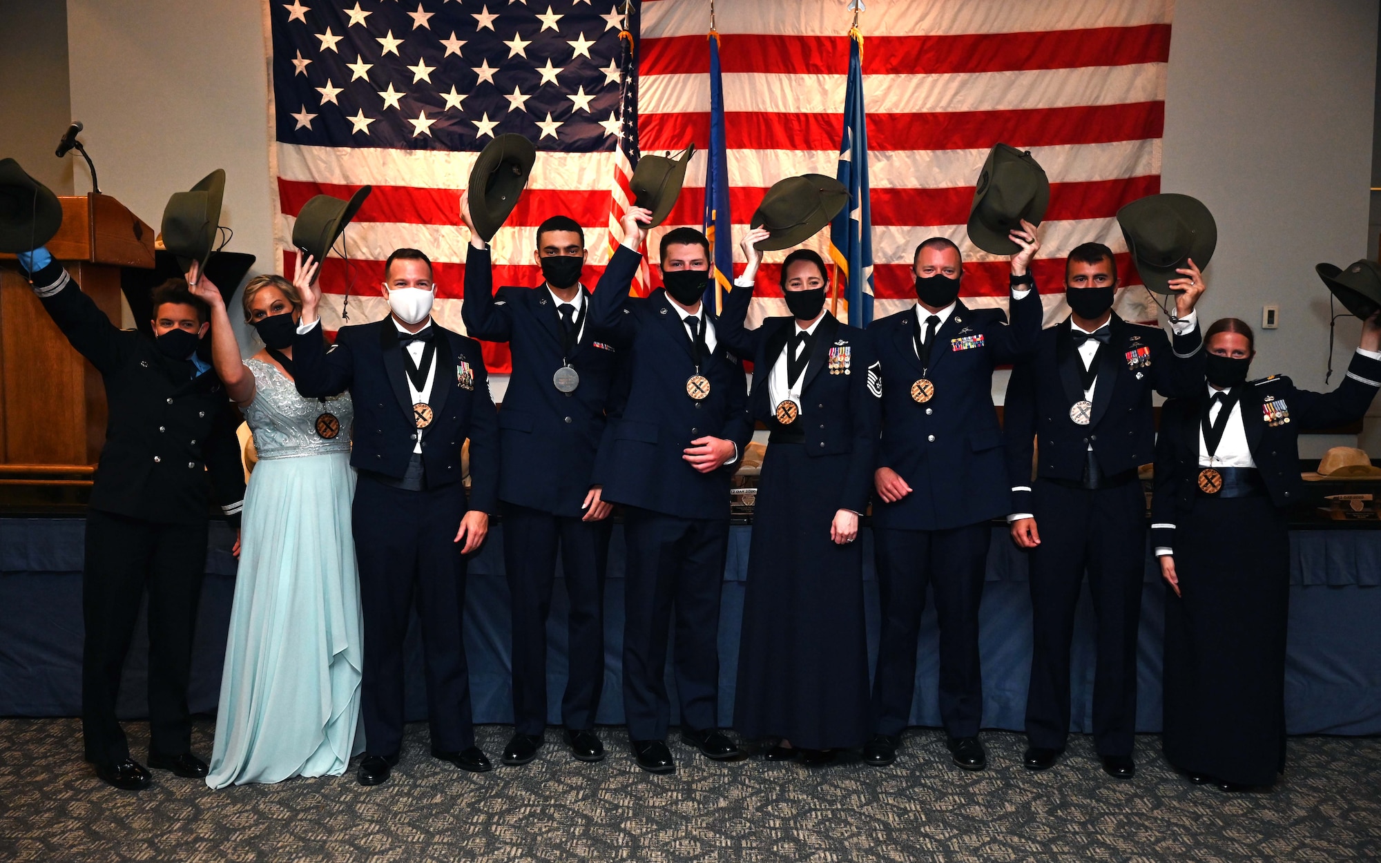 Air Force Special Operations Command's 2020 Outstanding Airman of the Year pose for a photo at the conclusion of the AFSOC OAY banquet at Hurlburt Field, Florida, May 13, 2021. AFSOC formally recognized the 2020 OAY winners with a base tour, a medallion breakfast and the formal banquet. (U.S. Air Force photo by Senior Airman Brandon Esau)