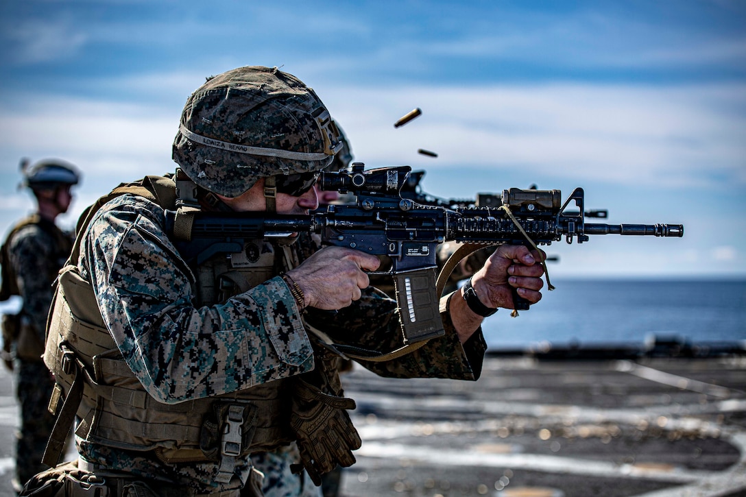 Marines with the 24th Marine Expeditionary Unit conduct a live-fire range on the Harpers Ferry-class dock landing ship USS Carter Hall (LSD 50) April 13, 2021. 24th MEU, embarked with the Iwo Jima Amphibious Readiness Group, is forward depoyed in the U.S. Sixth Fleet area of operations in support of U.S. national security interests in Europe and Africa.