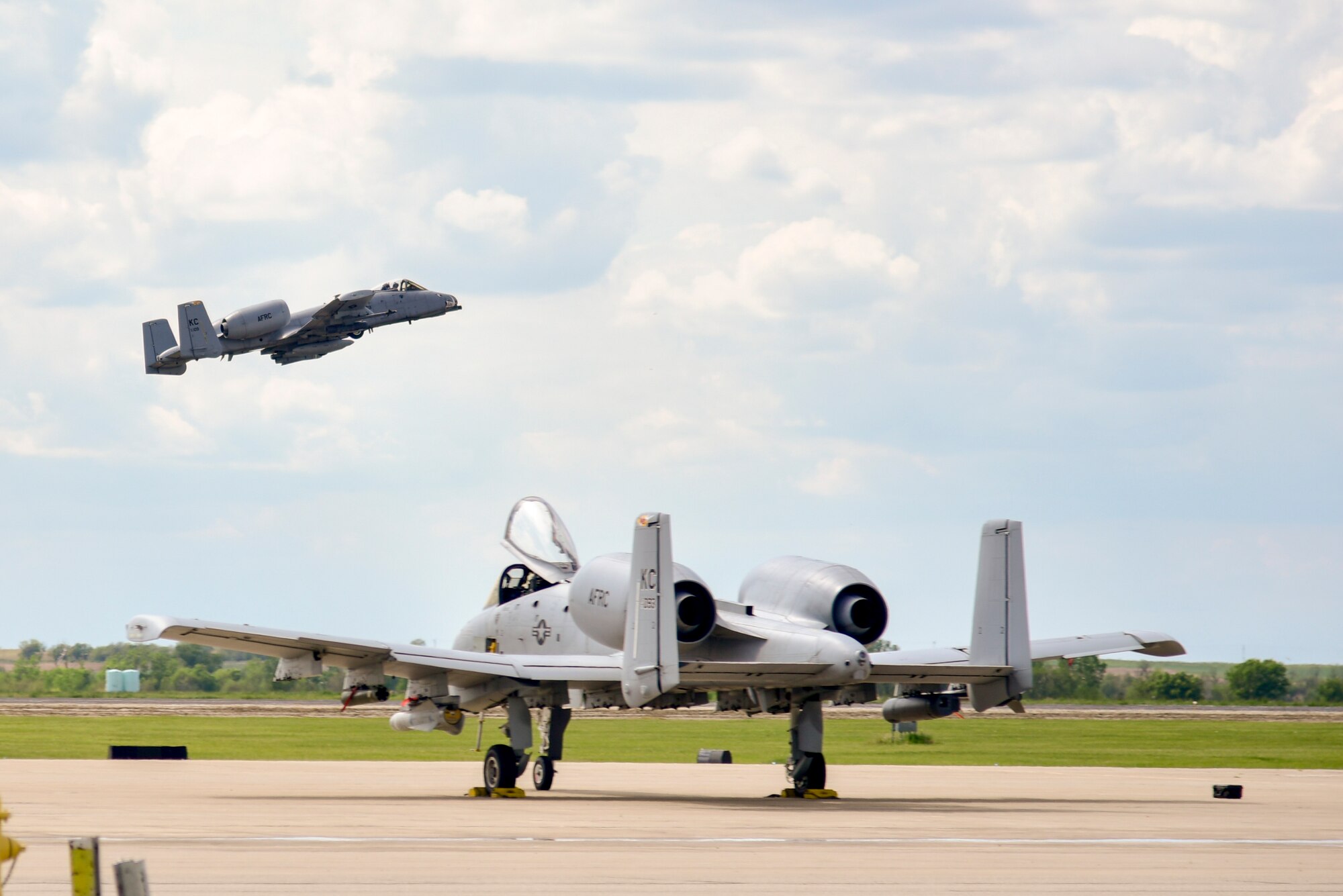 U.S. Air Force Reserve A-10 Thunderbolt II, 442d Fighter Wing, takes off at an airport near Salina, Kansas, May 12, 2021. The A-10s provided fighter escort to the Air Force Reserve 327th Airlift Squadron as the C-130J Super Hercules provided agile combat support to the training scenario. (U.S. Air Force photo by Senior Airman Kalee Sexton)