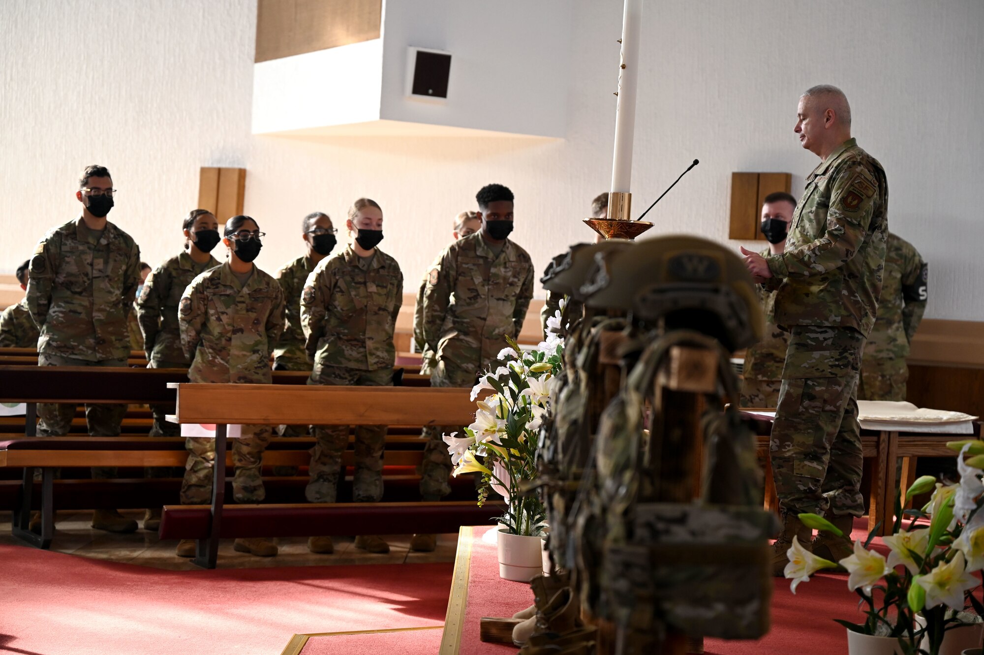 U.S. Air Force Col. Lawrence Wood, individual mobilization augmentee to U.S. Force Europe- Air Force Africa’s chief of security forces, speaks to law enforcement Airmen assigned to the Kaiserslautern Military Community during a National Police Week memorial ceremony at Ramstein Air Base, Germany,