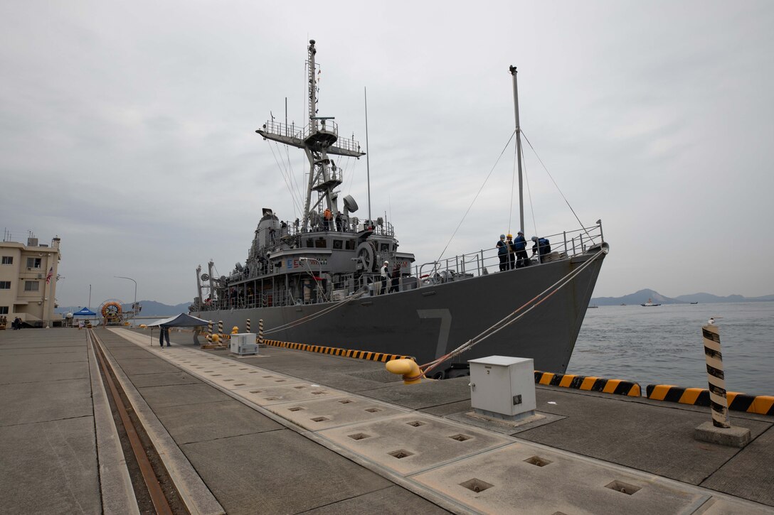 A ship is docked to a pier.