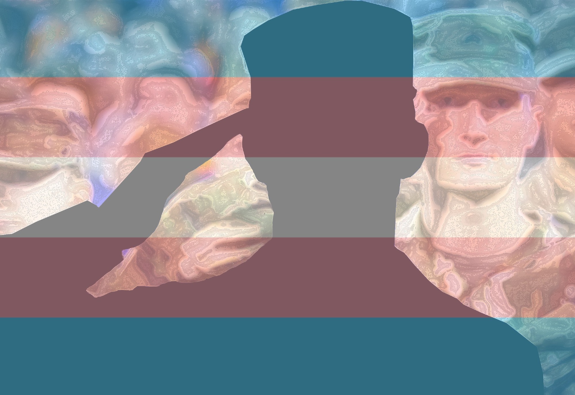 a silhouette of an Airman saluting in front of a group of their peers with the Transgender pride flag superimposed over the image.