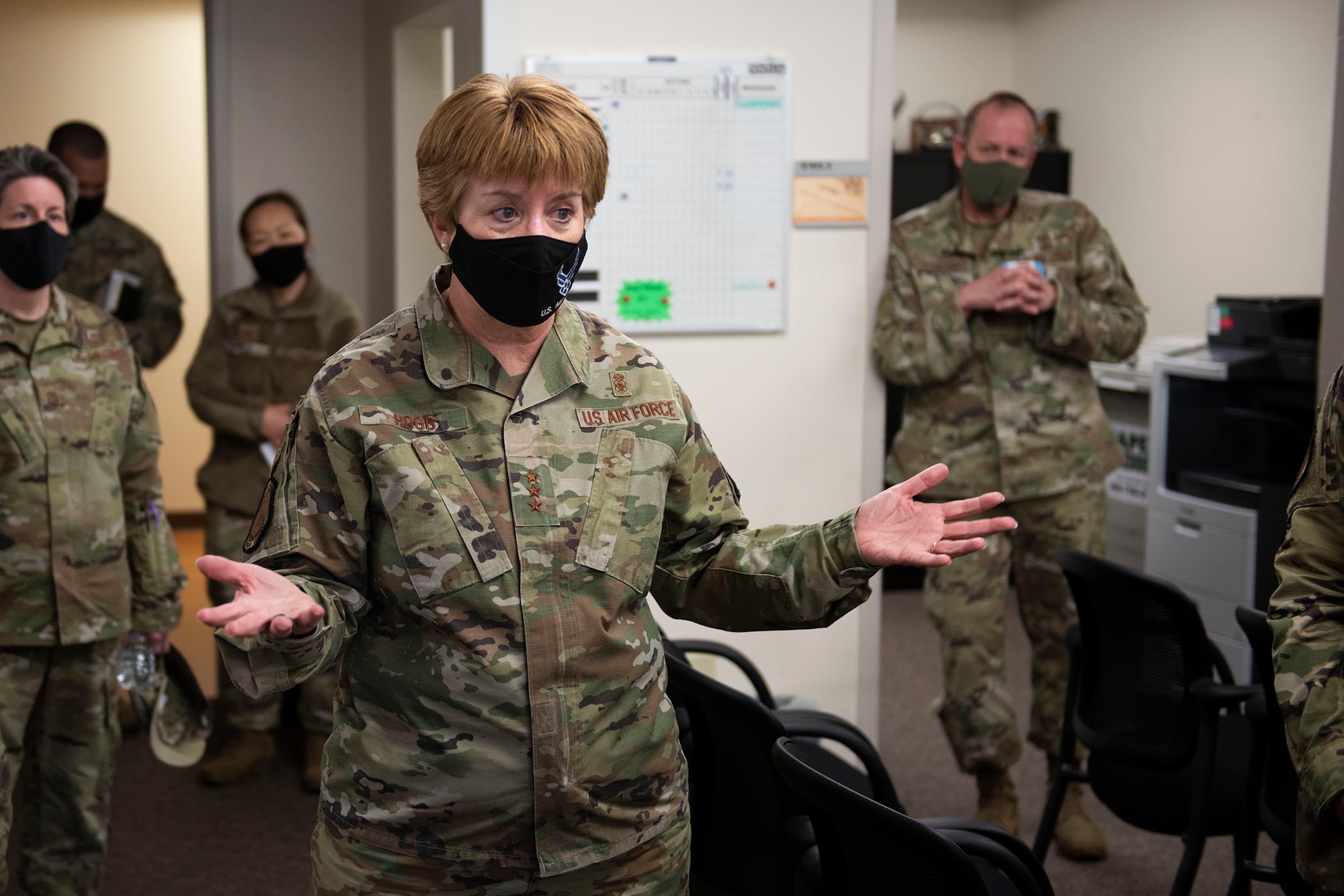 Lt. Gen. Dorothy Hogg, U.S. Air Force surgeon general, briefs the Malmstrom clinic public health office April 29, 2021, on her visit to Malmstrom Air Force Base, Mont.