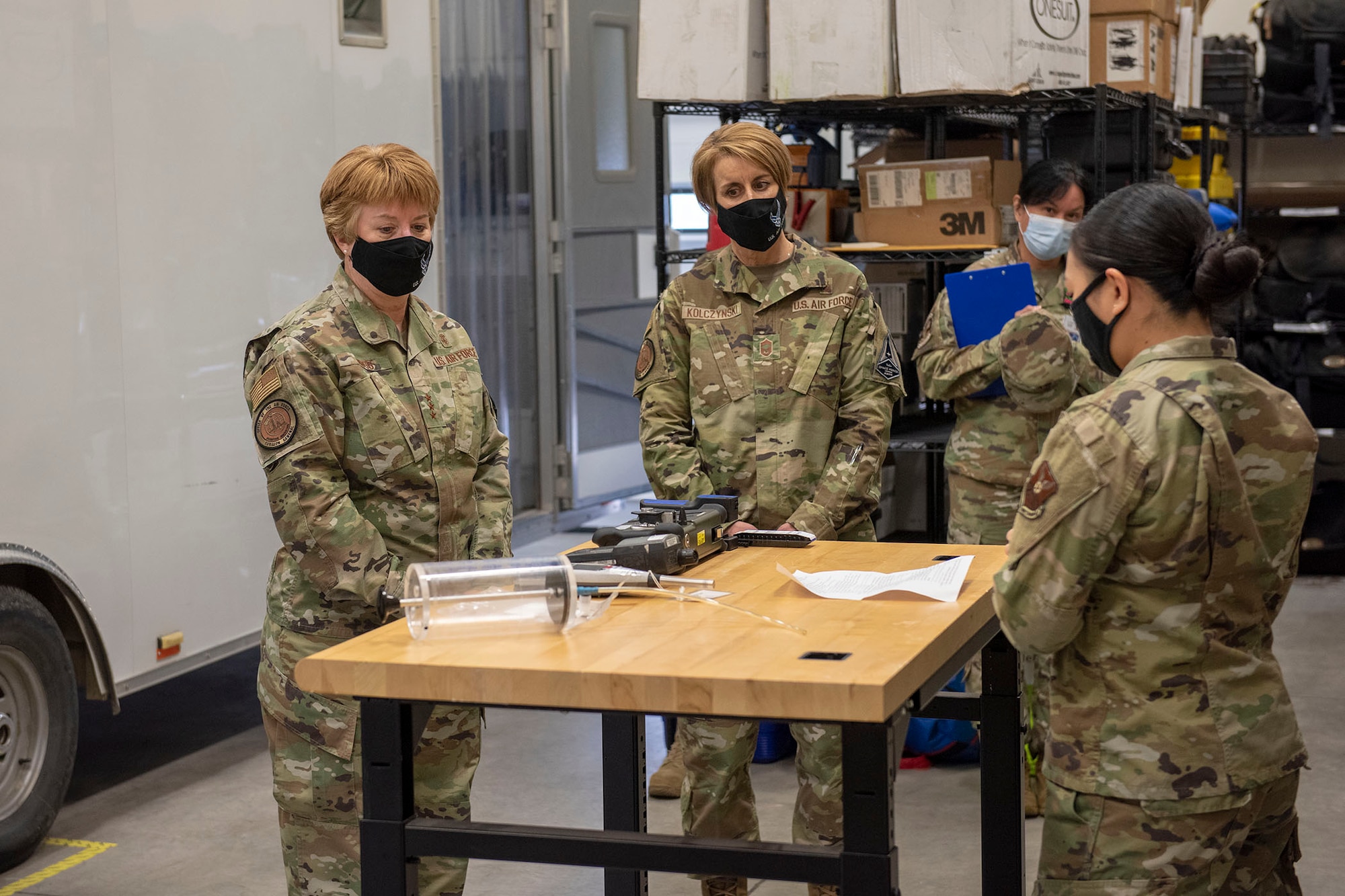 Lt. Gen. Dorothy Hogg, U.S. Air Force surgeon general and Chief Master Sgt. Dawn M. Kolczynski, medical enlisted force and enlisted corps chief, tour the bioenvironmental engineering building April 29, 2021, on their visit to Malmstrom Air Force Base, Mont.