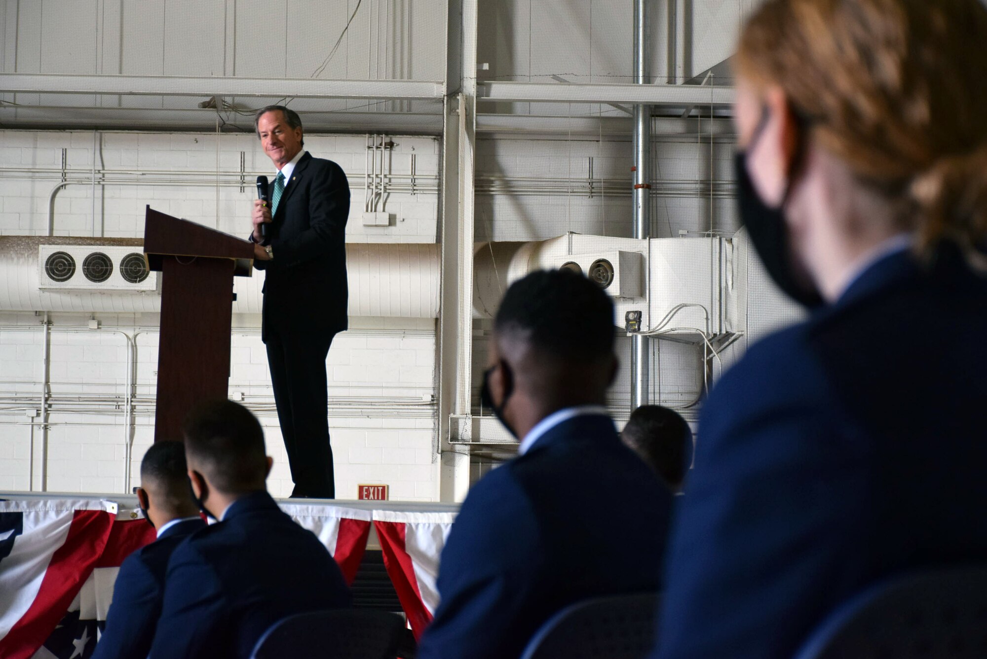 Retired Gen. David Goldfein, the 21st Chief of Staff of the Air Force, speaks to cadets during a commissioning ceremony at Joint Base San Antonio-Lackland, Texas May 14, 2021.