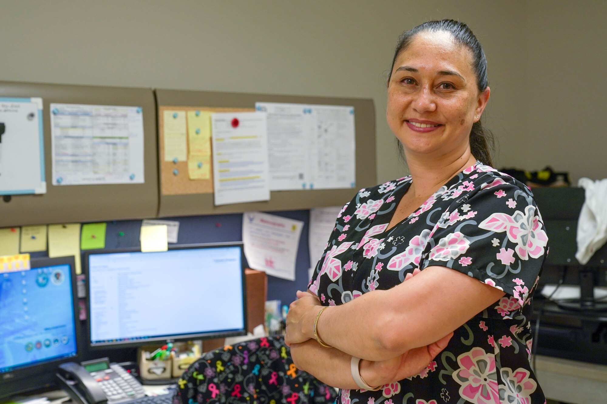 Lisa English, 15th Wing Medical Group family nurse practitioner, provides patient care at Joint Base Pearl Harbor-Hickam, Hawaii, May 11, 2021. English triages patients to determine the appropriate level of care. (U.S. Air Force photo by Airman 1st Class Makensie Cooper)