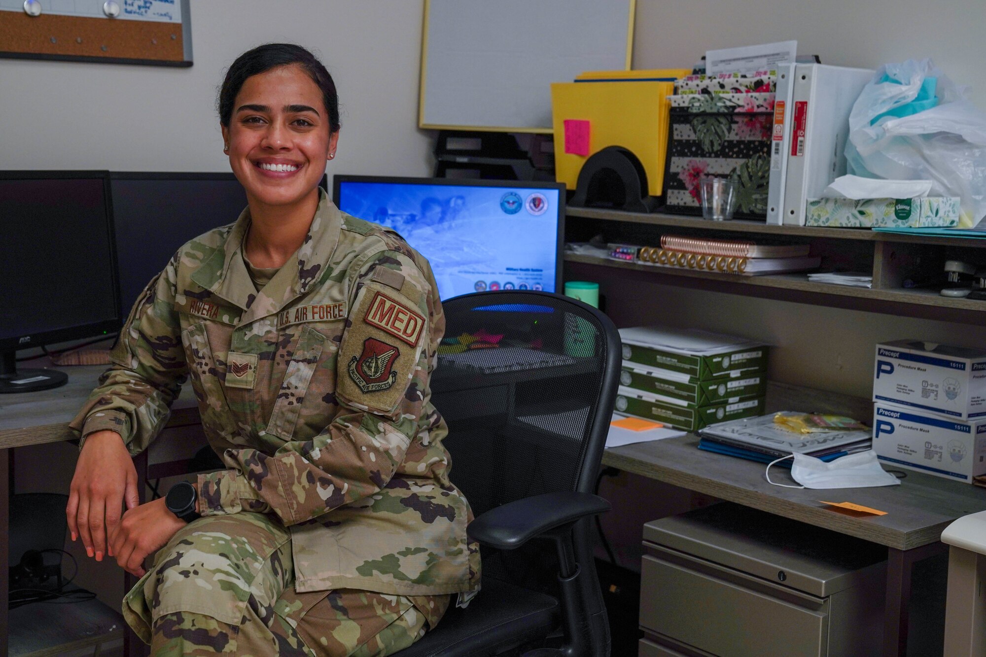 Staff Sgt. Natalia Rivera, 15th Wing Medical Group, flight and operational medicine technician, provides patient care at Joint Base Pearl-Harbor-Hickam, Hawaii, May 12, 2021. Rivera’s main role is to provide and manage patient care to beneficiaries and evaluate routine patient care. (U.S. Air Force photo by Airman 1st Class Makensie Cooper)