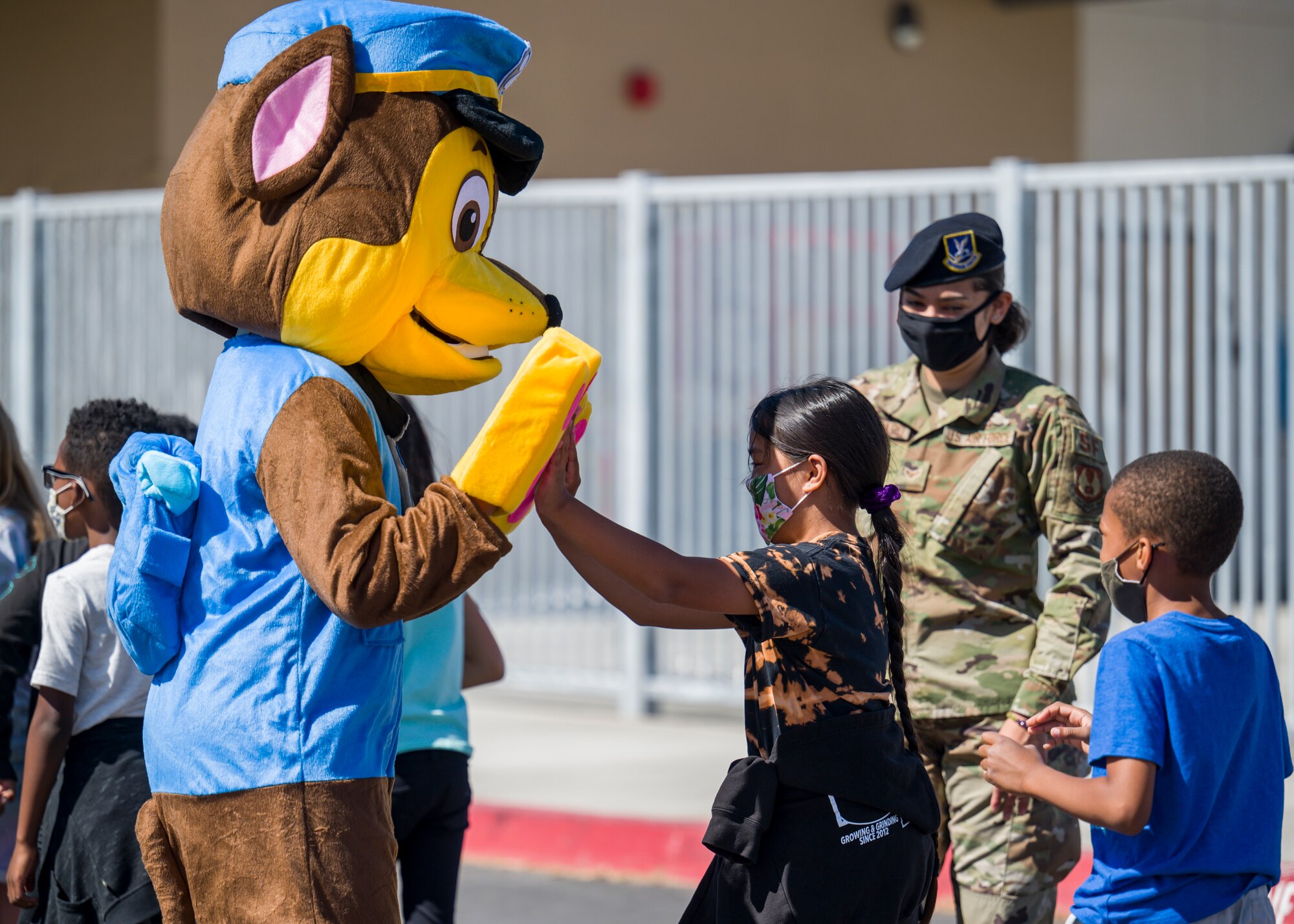 Students at Bailey Elementary School on Edwards Air Force Base, California, received a special visit from the 412th Security Forces Squadron and their special guest during Police Week 2021, May 11. (Air Force photo by Giancarlo Casem)