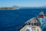 The Ticonderoga-class guided-missile cruiser USS Vella Gulf (CG 72) departs Souda Bay, Greece, May 13, 2021.