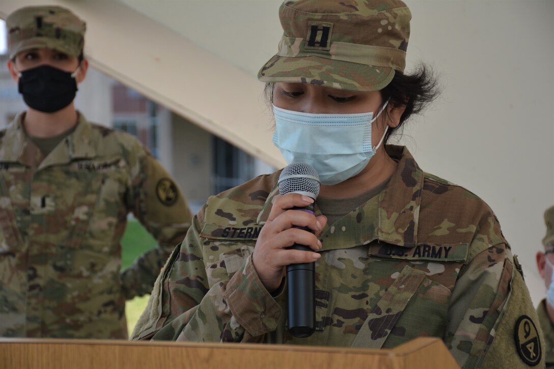 Capt. Theang Sterns, incoming commander, gives remarks during the 94th Training Division-Force Sustainment Headquarters and Headquarters Company change of ceremony at the Fort Lee's Combined Arms Support Command Headquarters. The ceremony was held to bid farewell to Capt. Alex Singh and welcomed Sterns as the 94th TD-FS HHC commander on April 9, 2021. (Photo by Maj. Ebony Gay, 94th TD-FS Public Affairs Office)