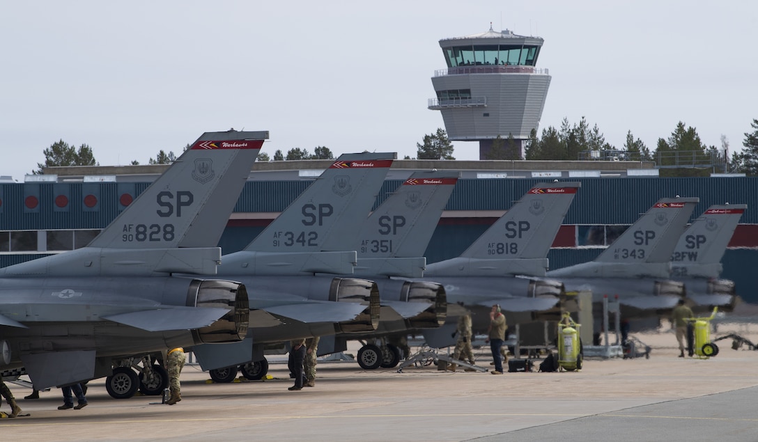 U.S. Air Force F-16 Fighting Falcon aircraft and Airmen assigned to the 52nd Fighter Wing at Spangdahlem Air Base, Germany, arrive at Kallax Air Base, Sweden, May 17, 2021. The aircraft will support and participate in Arctic Challenge Exercise 21, a Norwegian air force-led exercise, scheduled to take place in  June 2021 in the Nordic countries of Sweden, Finland, and Norway. (U.S. Air Force photo by Senior Airman Ali Stewart)