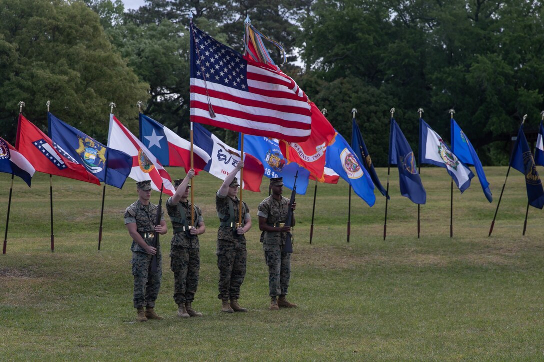 U.S. Marines with 1st Battalion, 2d Marine Regiment (V12), 2d Marine Division, serve as color guard detail during a change of command ceremony on Camp Lejeune, N.C., May 13, 2021.