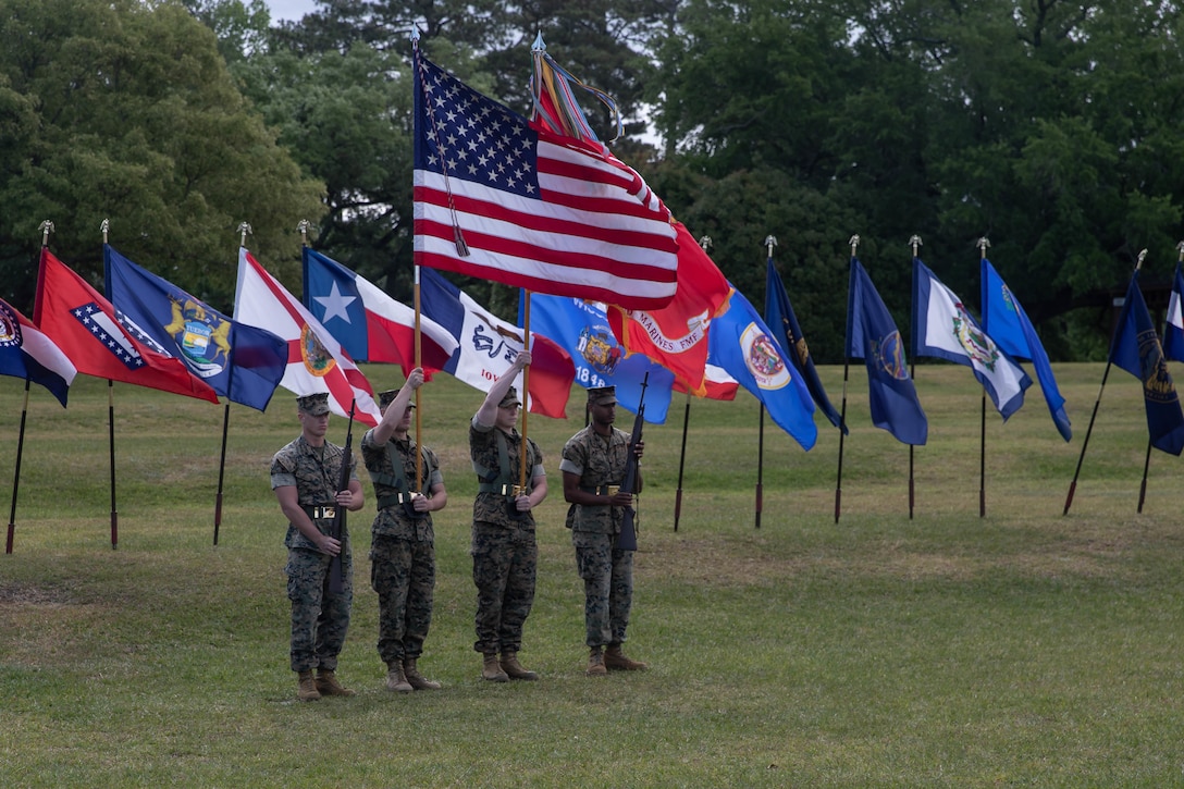 U.S. Marines with 1st Battalion, 2d Marine Regiment (V12), 2d Marine Division, serve as color guard detail during a change of command ceremony on Camp Lejeune, N.C., May 13, 2021.