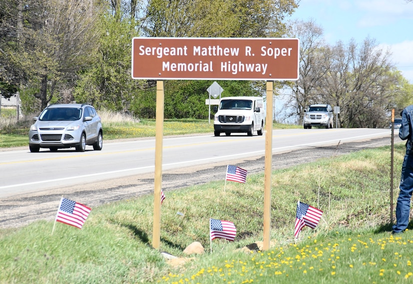 A highway memorial sign was unveiled on M-60 in Jackson County May 30, 2021 honoring Army Sgt. Matthew R. Soper