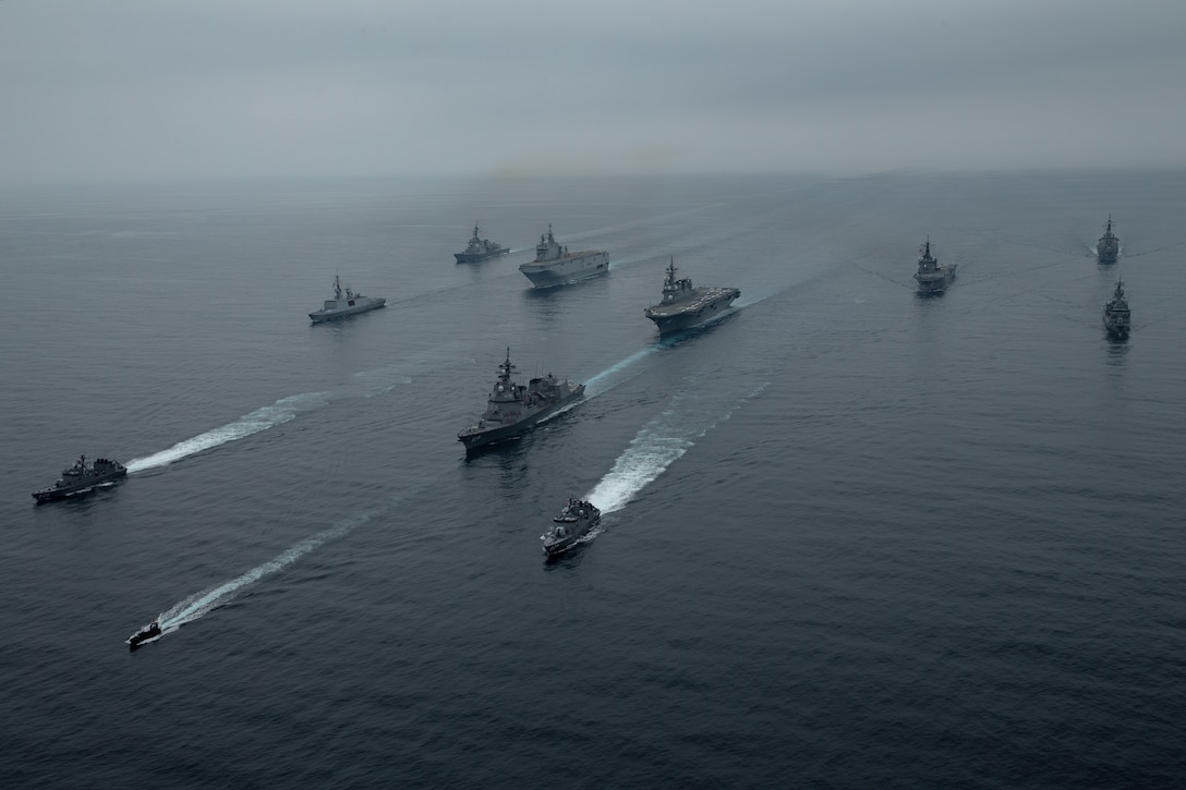 U.S, Australian, French, and Japanese naval assets, to include the Royal Australian Navy’s Anzac-class frigate HMAS Parramatta (FFH 154), the French Navy’s amphibious assault helicopter carrier FS Tonnerre (L9014), and Japan Maritime Self-Defense Force’s Ōsumi class tank landing ship JS Ōsumi, transit together during exercise Jeanne D’Arc 21, off the coast of Kagoshima, Japan, May 14, 2021. ARC-21 is an opportunity for U.S., French, Japanese and Australian forces to share experiences, tactics, and best practices to sharpen their skills together.