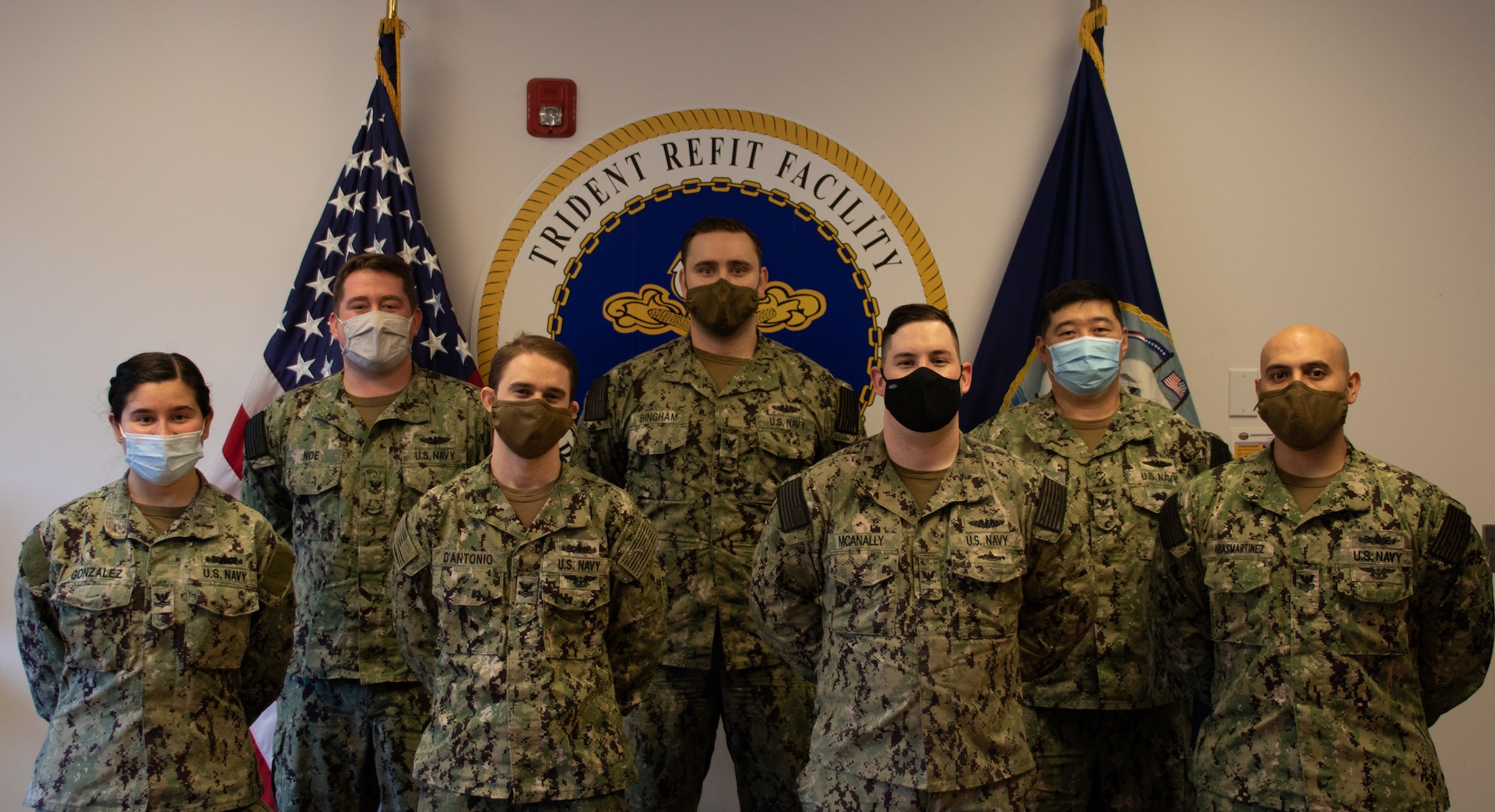 SILVERDALE, Wash. (Feb. 23, 2021) – Trident Refit Facility Bangor (TRFB) Career Counselors (from left to right) Gas Turbine Systems Technician (Mechanical) 2nd Class Keslie Gonzalez, Yeoman (Submarines) 2nd Class Ethan Noe, Gas Turbine Systems Technician (Mechanical) 2nd Class Thomas D’Antonio, Machinist Mate (Auxiliary) 2nd Class Matthew Bingham, Sonar Technician (Submarines) 2nd Class Christopher Mcanally, Command Career Counselor (CCC) Machinist Mate (Auxiliary) 2nd Class Leo Zhang, and Hull Maintenance Technician 1st Class Audon Ariasmartinez represent TRFB’s Command Career Management Program, which is made up of 27 career counselors. TRFB recently received the Naval Sea Systems Command (NAVSEA) Retention Excellence Award for the fiscal year 2020 for superior accomplishment in executing programs that best enable Sailors to succeed in the Navy and for directly supporting the concept of Brilliant on the Basics, a charge from the U.S. Navy to reinvigorate efforts to foster an environment where Sailors and their families want to stay in the Navy.  (U.S. Navy photo by Mass Communication Specialist Chief Rebecca Ives/released)