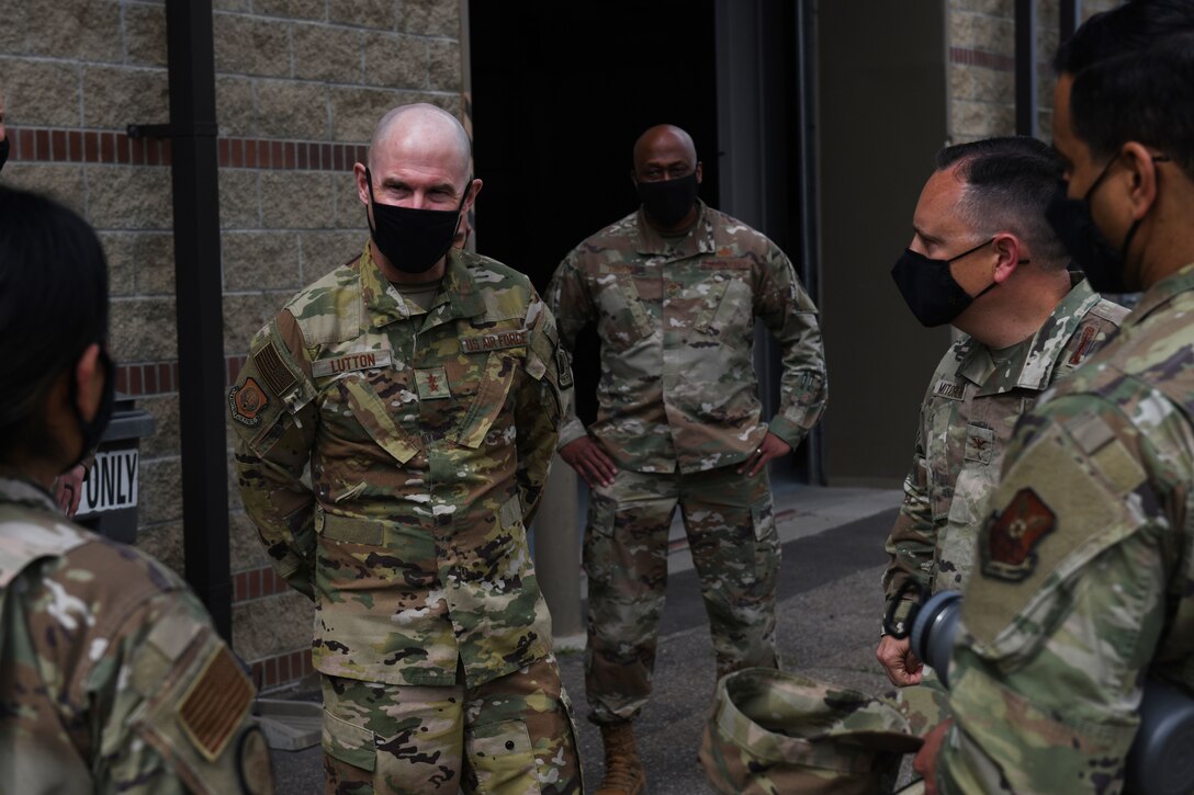Maj. Gen. Michael J. Lutton, 20th Air Force commander, speaks with Malmstrom senior leadership May 10, 2021, during his trip to Malmstrom Air Force Base, Mont.