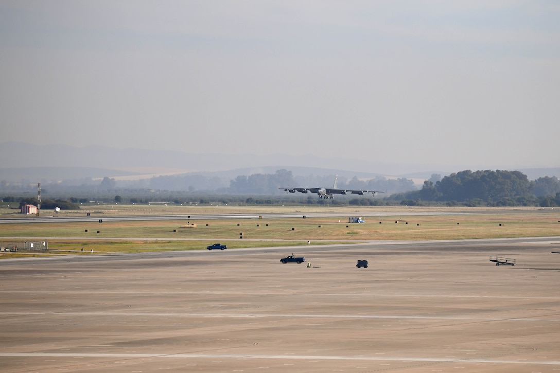 A B-52H Stratofortress from Barksdale Air Force Base, LA, lands at Moron Air Base, Spain, May 17, 2021. The B-52 is a long-range, heavy bomber that is capable of flying at high subsonic speeds of altitudes of up to 50,000 feet and provides the United States with a global strike capability.  (U.S. Air Force photo by 2nd Lt. Aileen Lauer)