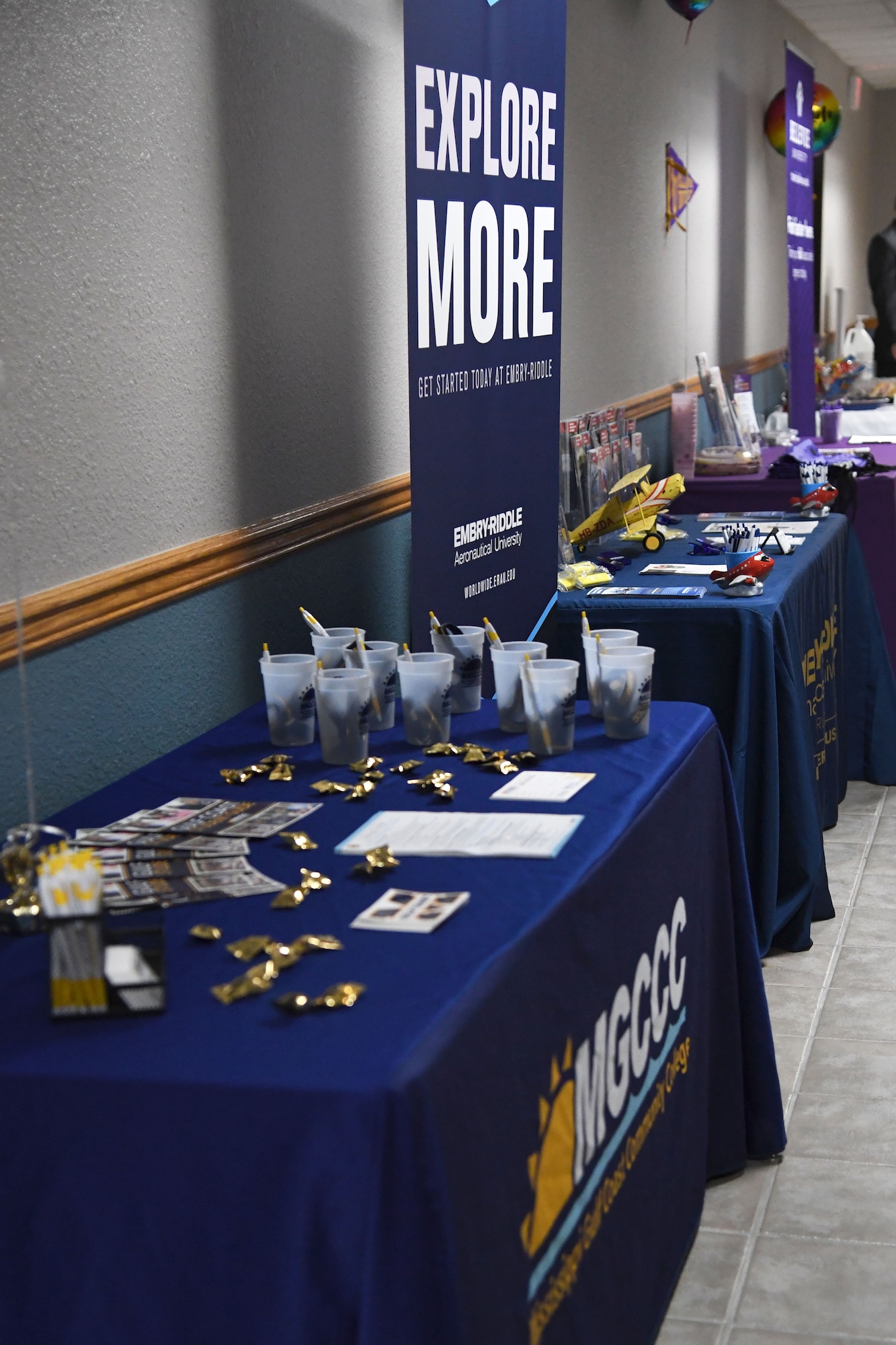 Educational hand-outs are on display during the National Test Center reopening ceremony inside the Sablich Center at Keesler Air Force Base, Mississippi, May 12, 2021. After being closed for over a year, the center, which is managed by Bellevue University, offers free CLEP and DANTES Subject Standardized Test exams to military members. (U.S. Air Force photo by Kemberly Groue)