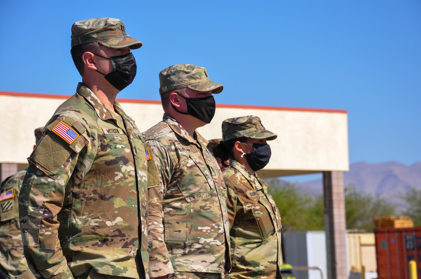 Capt. Tyler Wistisen, left, 1st Lt. Michael Flury and Capt. Tana Gurule were honored by the Veterans of Foreign Wars with the Life Saving Award at the Clark County Armory in Las Vegas May 14, 2021. While in the nation's capital in January supporting the presidential inauguration, the Soldiers assisted a Virginia woman injured in a car crash.