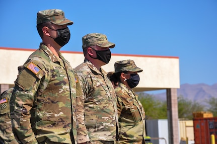 Capt. Tyler Wistisen, left, 1st Lt. Michael Flury and Capt. Tana Gurule were honored by the Veterans of Foreign Wars with the Life Saving Award at the Clark County Armory in Las Vegas May 14, 2021. While in the nation's capital in January supporting the presidential inauguration, the Soldiers assisted a Virginia woman injured in a car crash.