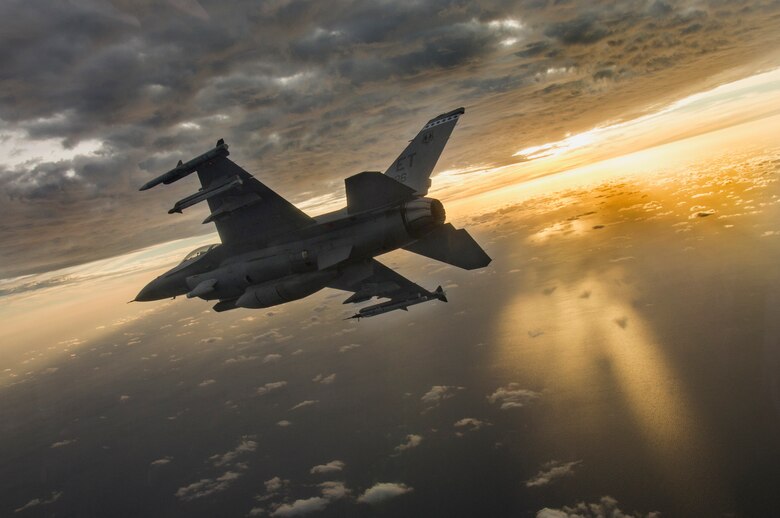 A F-16 Fighting Falcon flies during a mission at Eglin Air Force Base, Fla., Feb. 14, 2019. To support the growing demand for new F-16 Fighting Falcon from partner nations, the U.S. Air Force has teamed with Lockheed Martin Corp. to open a new production line to build the F-16 Block 70/72 fighter aircraft at the company's facility in Greenville, S.C.