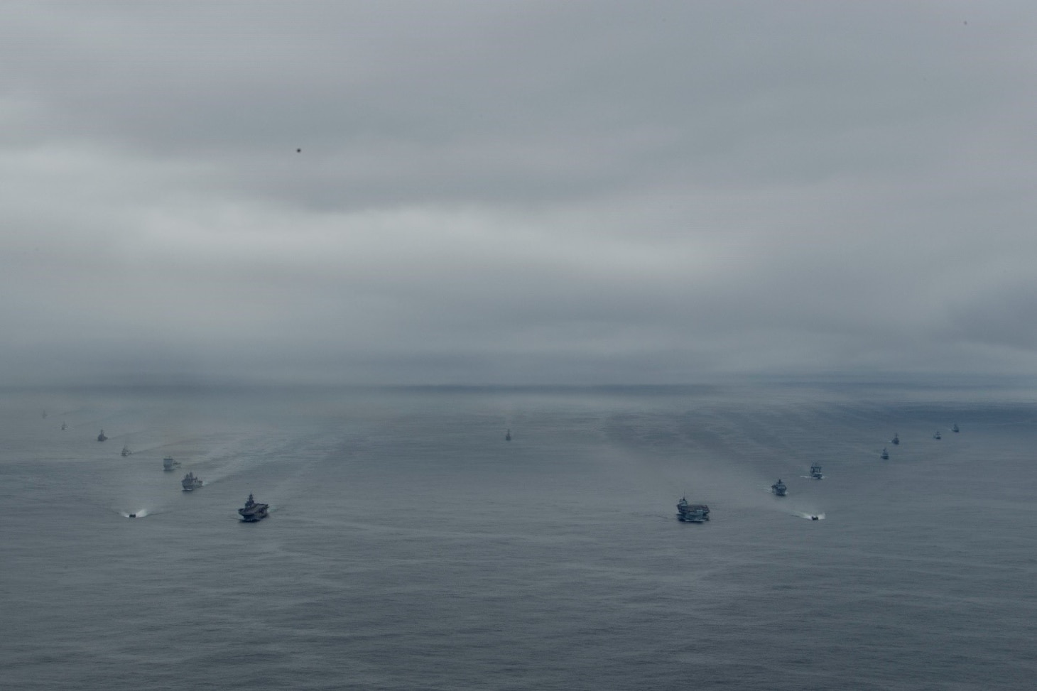 Ships from the U.S. Navy’s Iwo Jima Amphibious Ready Group (IWOARG), the Royal Navy’s Queen Elizabeth Carrier Strike Group and the French and Norwegian navies transit the Atlantic Ocean in formation during a photo exercise, May 17, 2021.