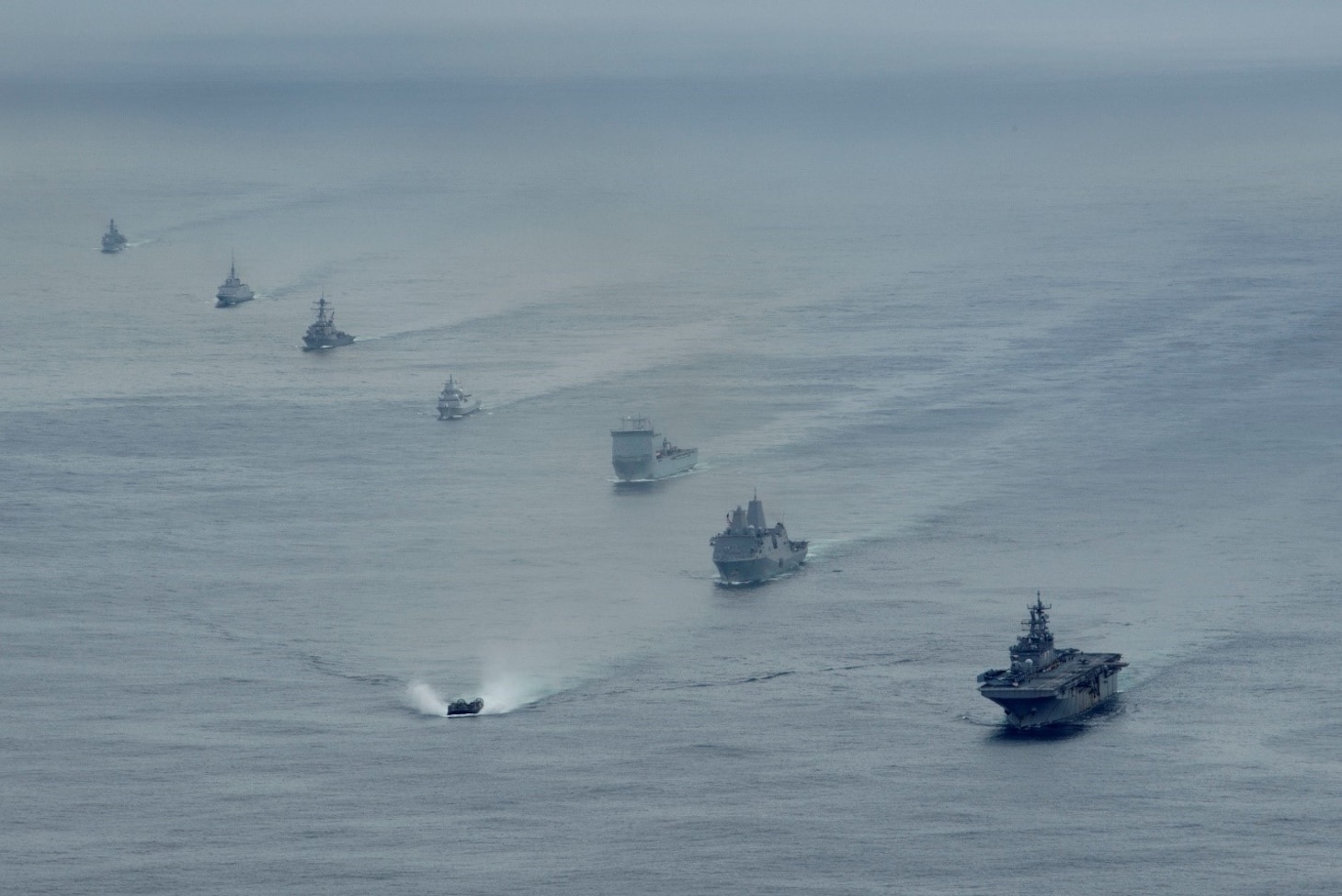 Ships from the U.S. Navy’s Iwo Jima Amphibious Ready Group (IWOARG), the Royal Navy’s Queen Elizabeth Carrier Strike Group and the French and Norwegian navies transit the Atlantic Ocean in formation during a photo exercise, May 17, 2021.