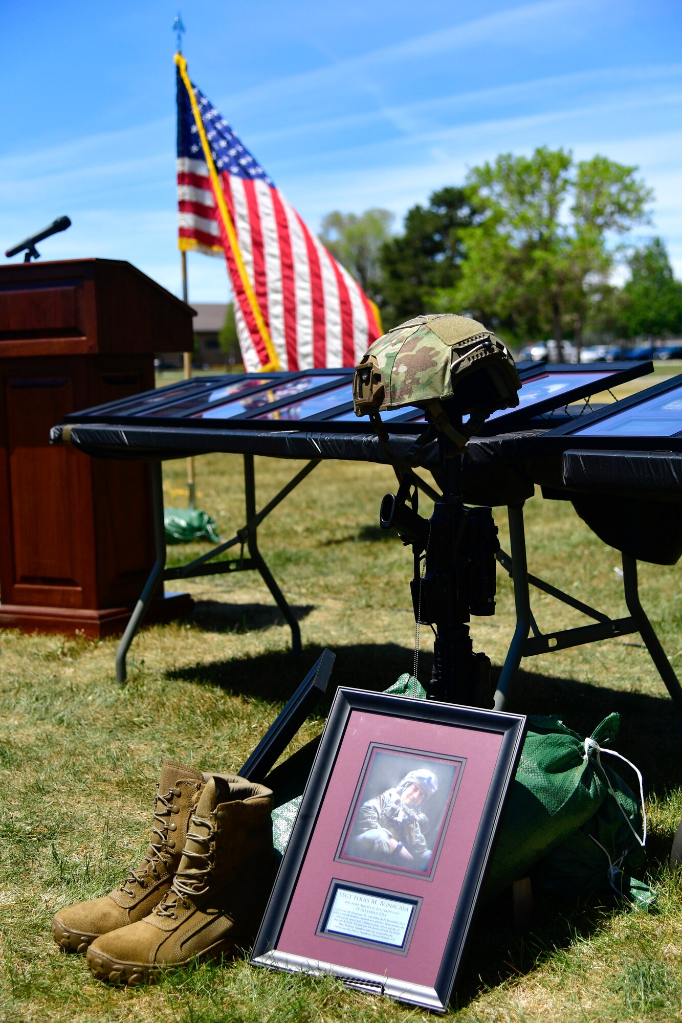A memorial is displayed during 75th Security Forces Squadron ceremonial guard mount to honor fallen security forces members during National Police Week May 14, 2021, at Hill Air Force Base, Utah. The guard mount was one of many events 75th SFS hosted to commemorate the week to honor the sacrifices of the law enforcement community. (U.S. Air Force photo by Todd Cromar)