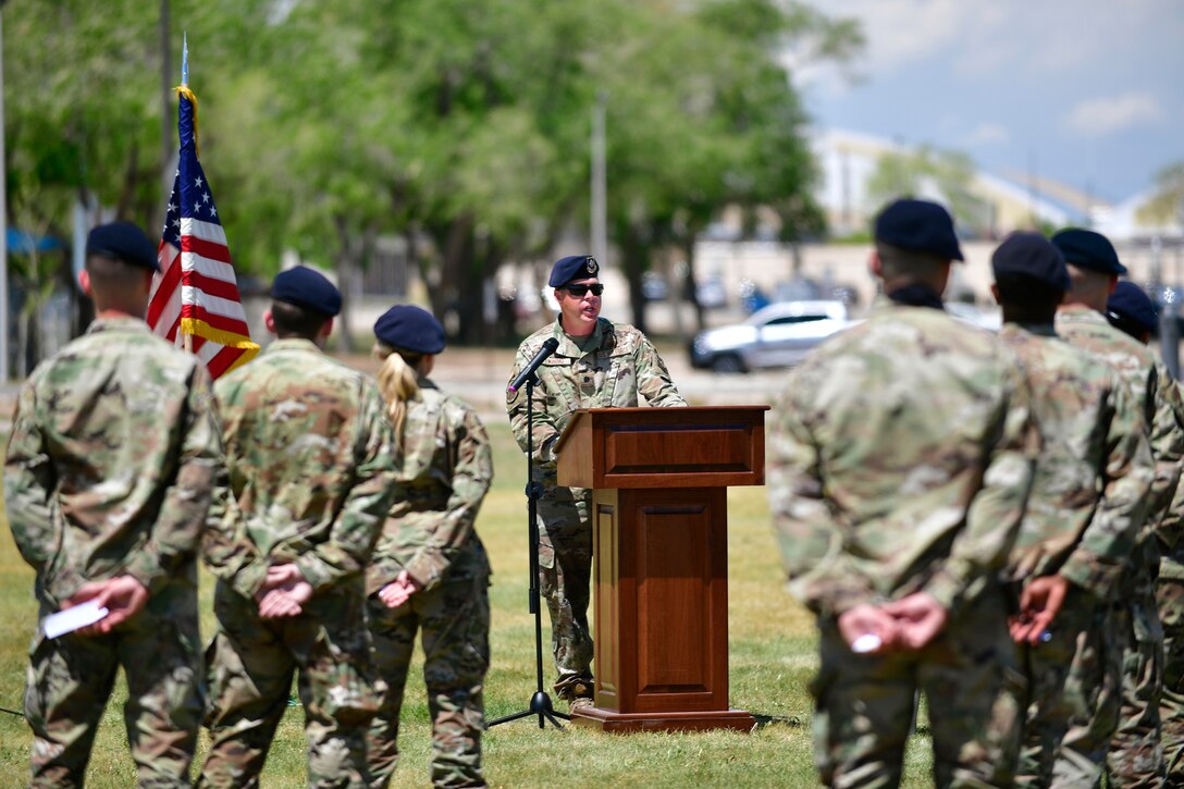 Lt Col. Michael Twining, 75th Security Forces Squadron commander, provides remarks during a ceremony guard mount to honor fallen security forces members during National Police Week May 14, 2021, at Hill Air Force Base, Utah. The guard mount was one of many events 75th SFS hosted to commemorate the week to honor the sacrifices of the law enforcement community. (U.S. Air Force photo by Todd Cromar)