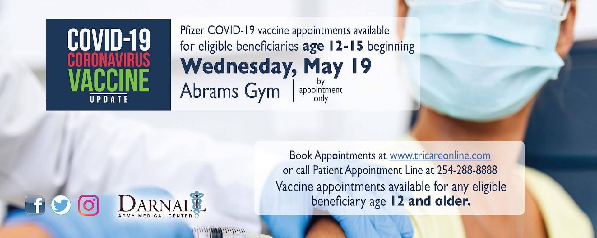 CRDAMC opens COVID-19 vaccine appointments to 12 -15 year olds.