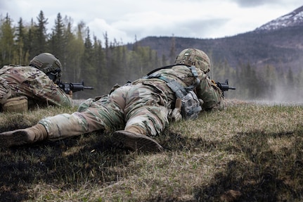 Alaska National Guardsman Spc. Robert Cline, an infantryman assigned to the 1st Battalion, 297th Infantry Regiment, tests his marksmanship skills as a part of the Alaska Army National Guard Best Warrior Competition May 15, 2021, at Joint Base Elmendorf-Richardson. The Best Warrior Competition recognizes Soldiers who demonstrate commitment to the Army values and embody the warrior ethos. (U.S. Army National Guard photo by Spc. Marc Marmeto).