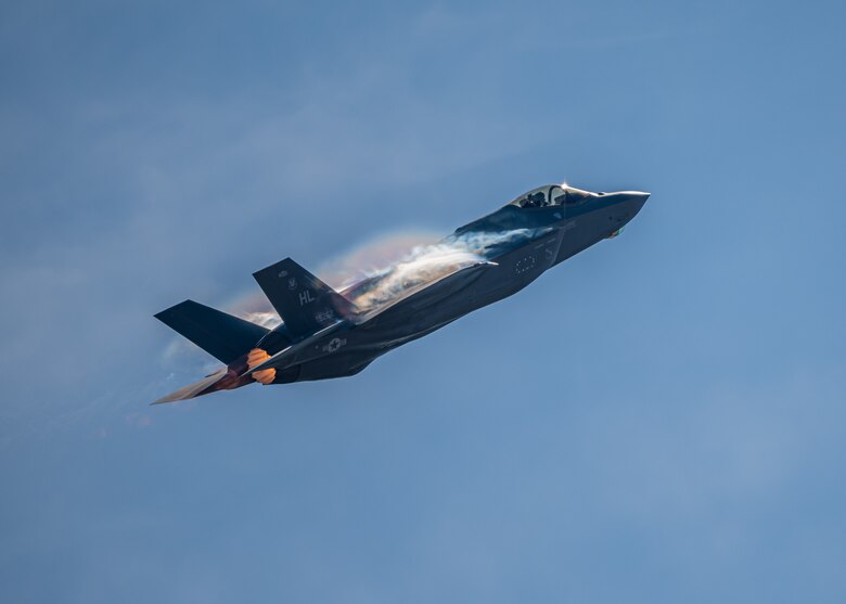 An F-35A Lightning II fighter jet in the air