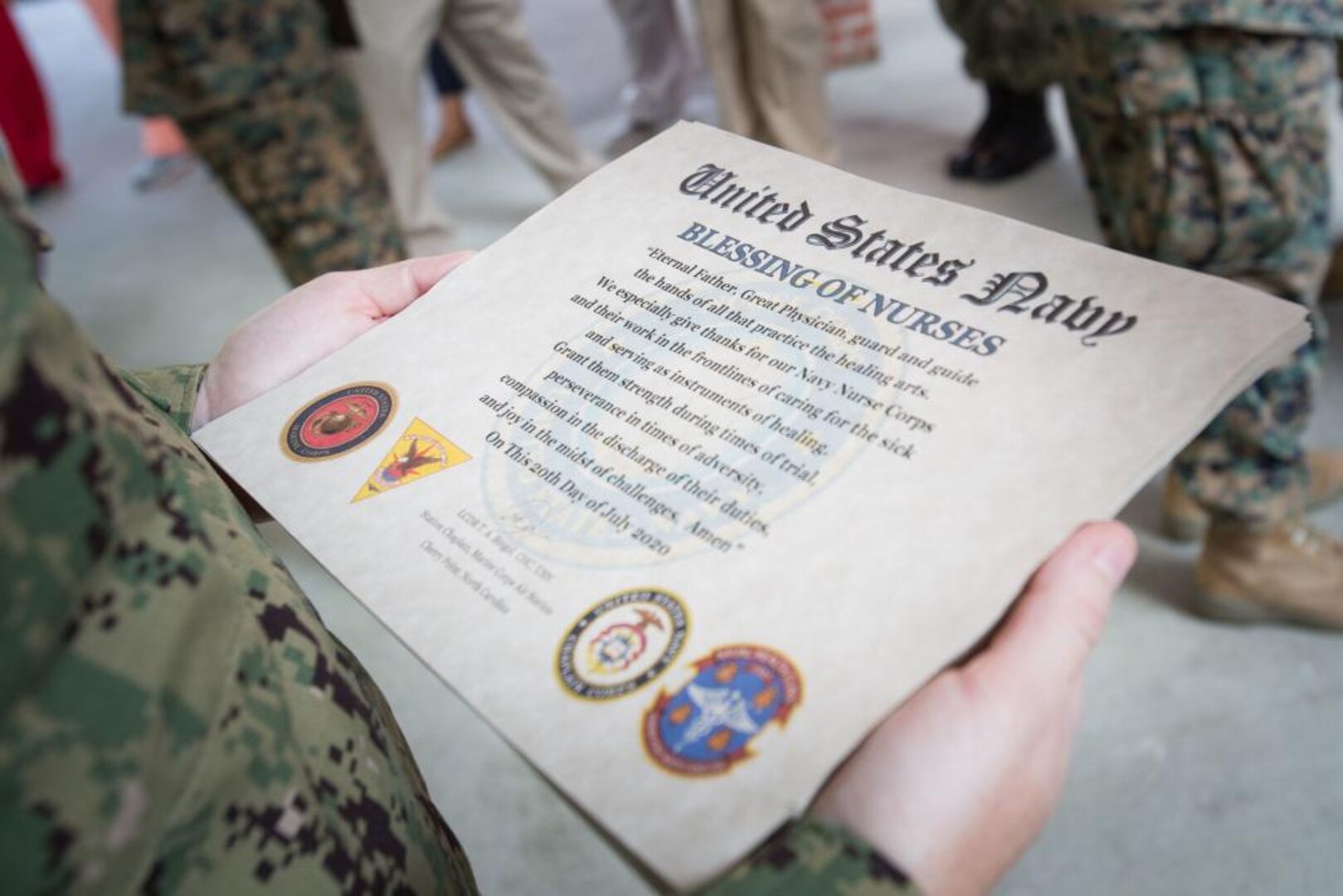 The certificate given to attendees of a "Blessing of the Hands" event is pictured, Marine Corps Air Station Cherry Point, North Carolina, July 20, 2020. Blessing of the Hands events are held for nurses and other medical professionals at Naval Health Clinic Cherry Point to thank them for all that they do. (U.S. Marine Corps photo by Cpl. Micha Pierce)