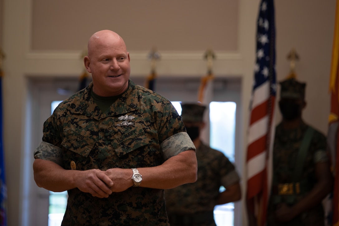 U.S. Navy Master Chief Petty Officer Scottie Cox gives remarks during a change of charge ceremony on Camp Lejeune, N.C., May 17, 2021.