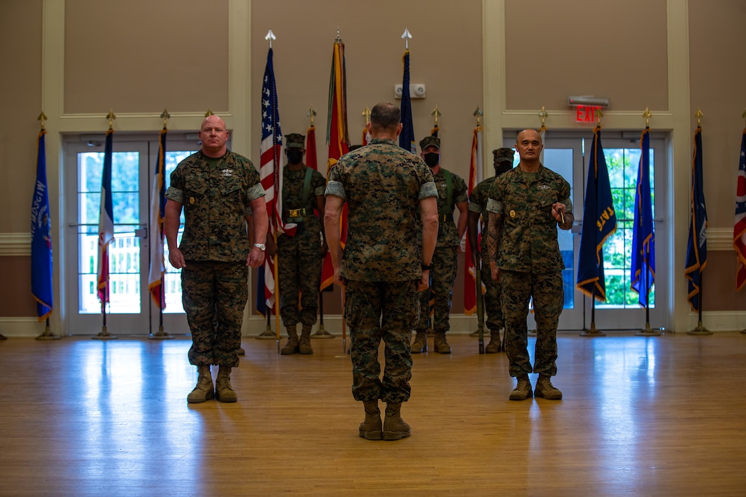 U.S. Marine Corps Maj. Gen. Frank Donovan, center, 2d Marine Division (MARDIV) commanding general, leads a change of charge ceremony on Camp Lejeune, N.C., May 17, 2021.