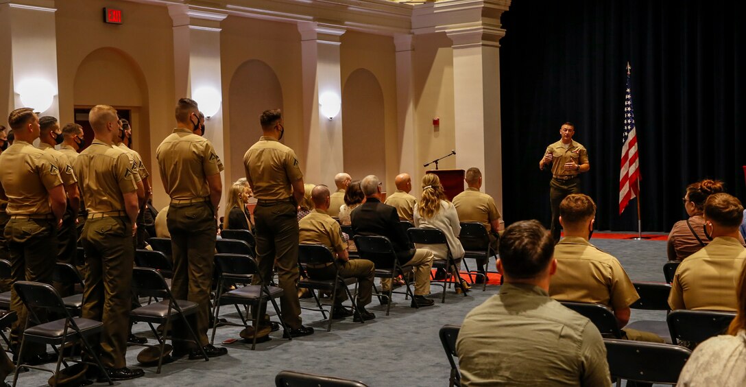 Staff Sgt. Franklin D. Taft, 39th Color Sergeant of the Marine Corps, gives remarks during the Color Sergeant of the Marine Corps relief and appointment ceremony at Marine Barracks Washington, D.C., May 17, 2021. The Color Sergeant of the Marine Corps serves as the senior sergeant of the Corps, entrusted with carrying the National Ensign in ceremonies throughout the National Capital Region and across the nation. The Color Sergeant leads the official Color Guard Platoon at MBW at is responsible for training and preparing the Marines for future service in the operating forces. (U.S. Marine Corps photo by Lance Cpl. Allen Sanders)