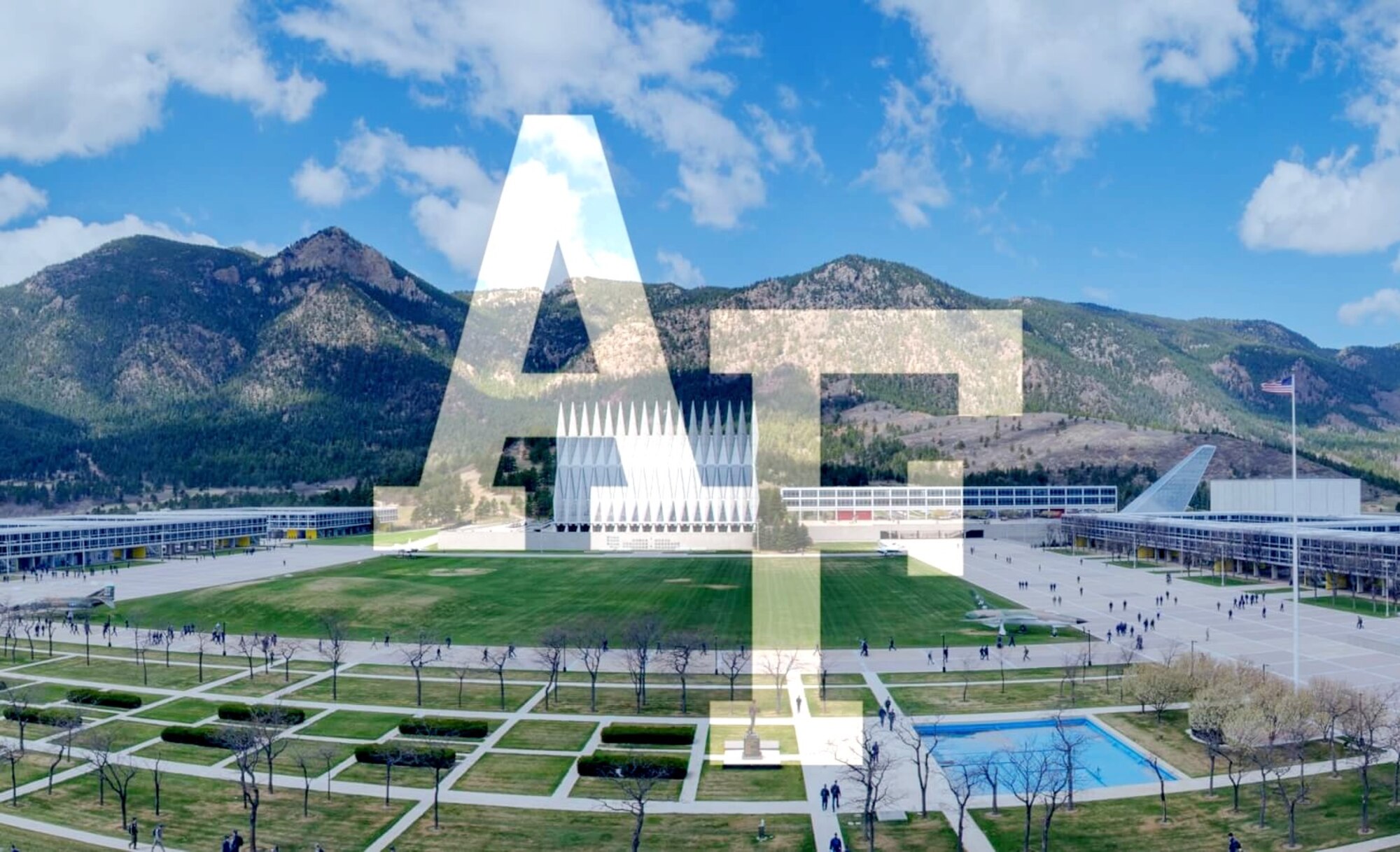 a graphic with the USAFA logo super imposed over an aerial photo of the academy.