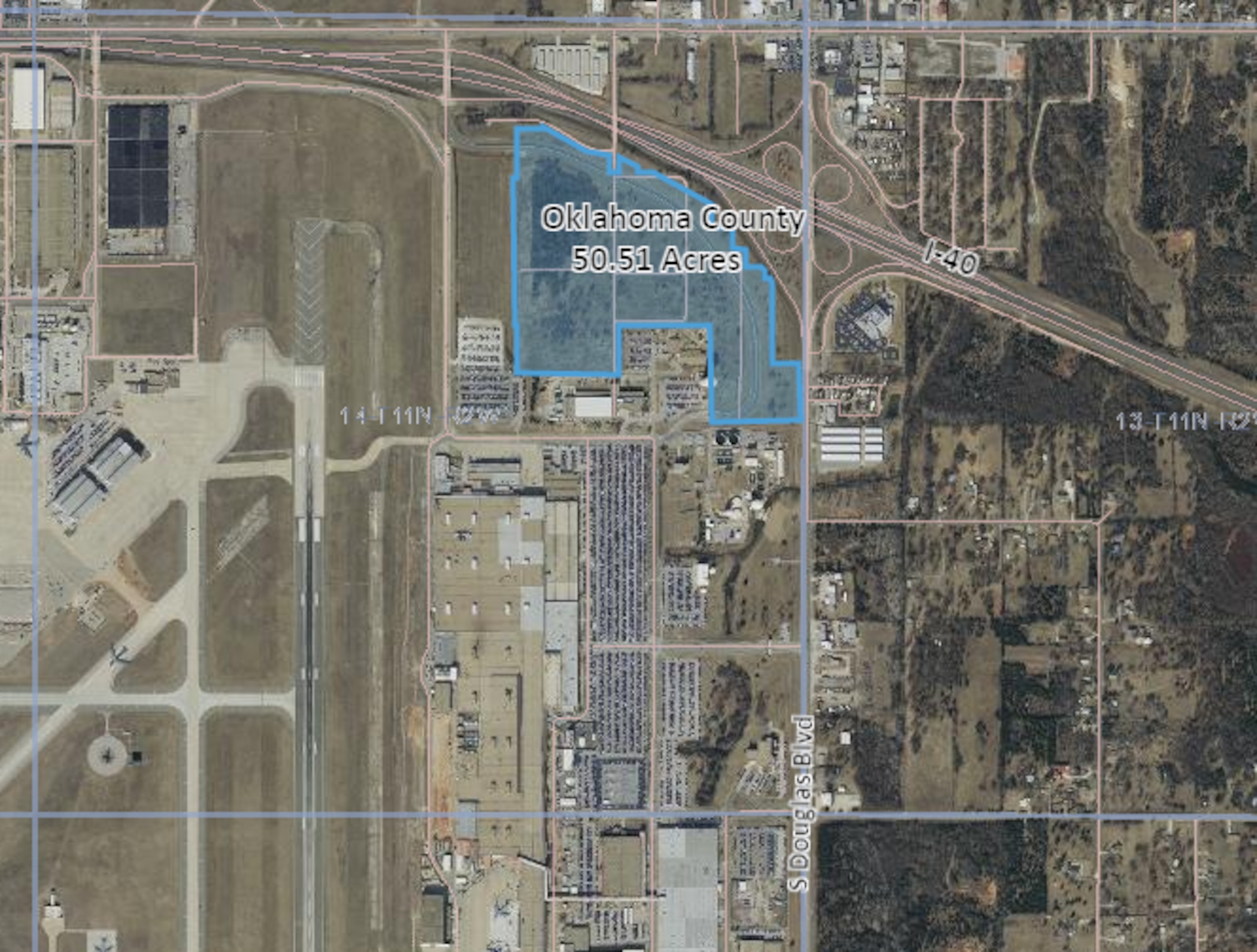 Map of the northeast corner of Tinker Air Force Base, with a highlighted portion.