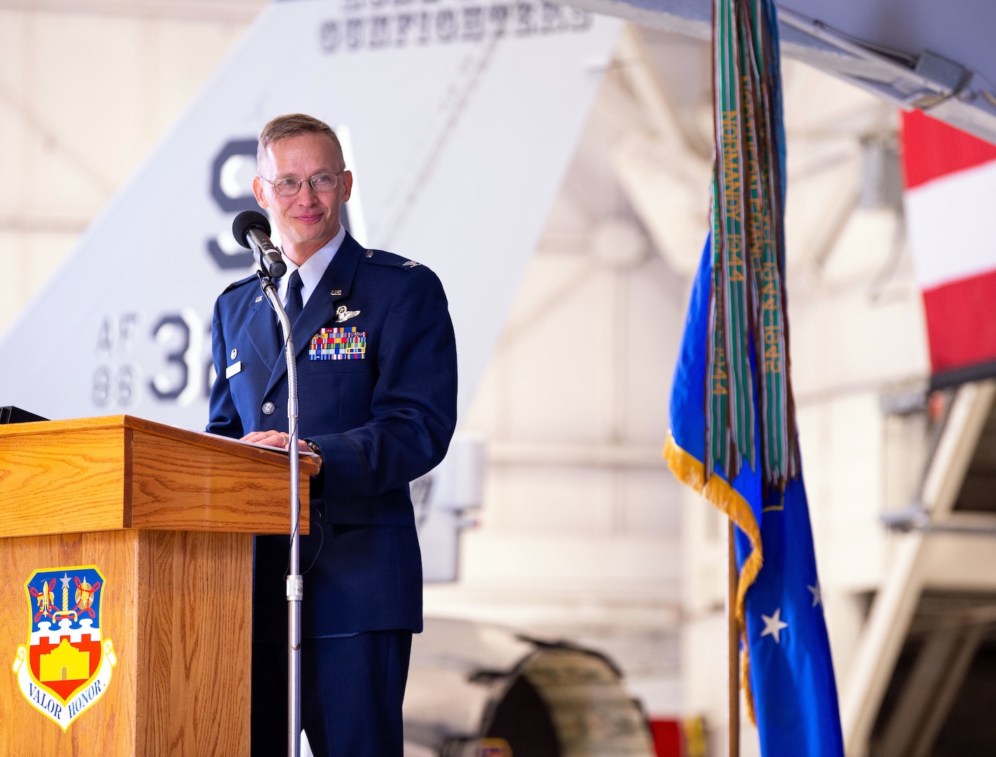 Col. Matthew C. Jensen speaks during the 149th Fighter Wing change of command ceremony.