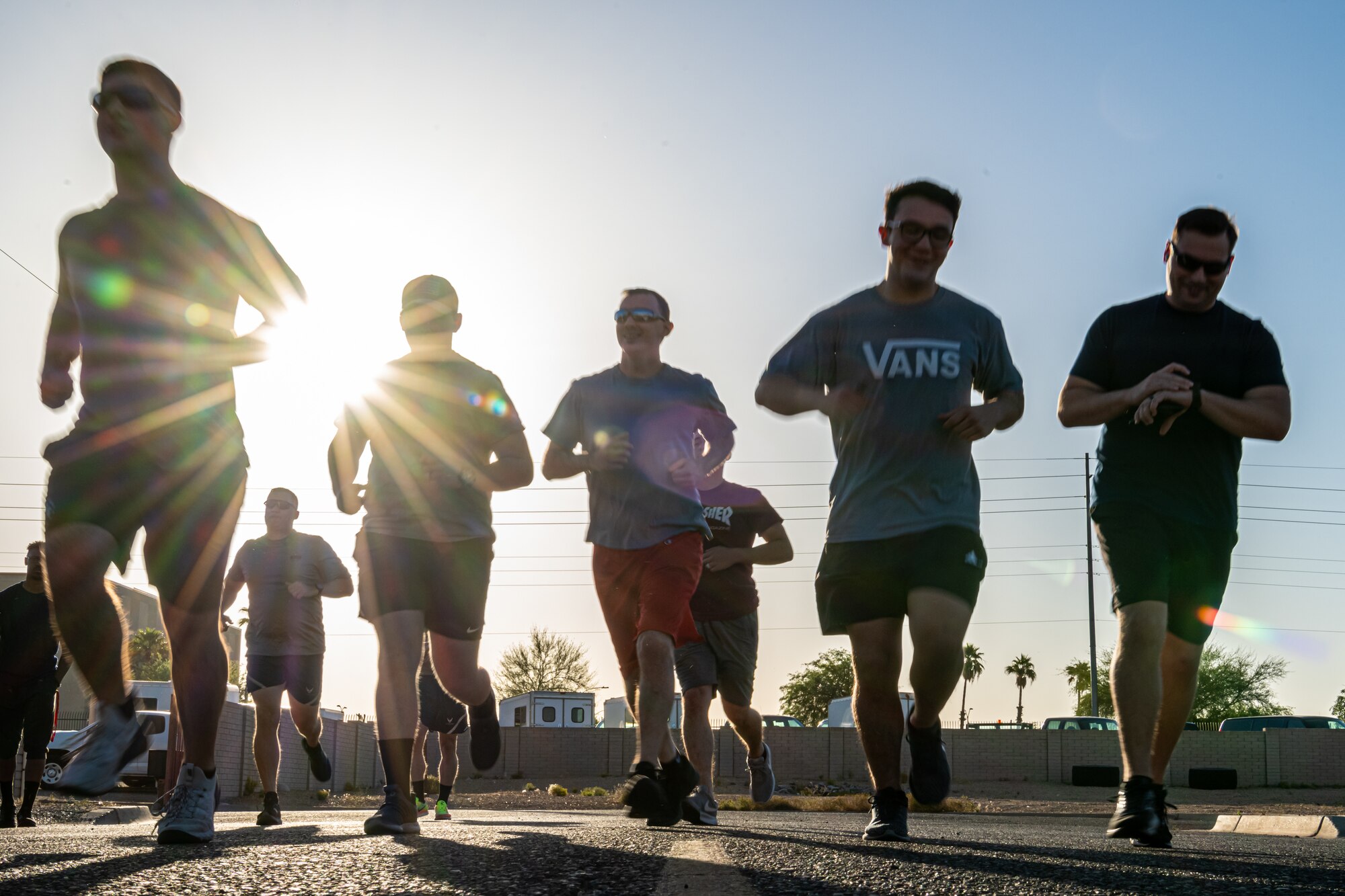 Members of the 56th Fighter Wing run in the Police Week five-kilometer run, May 13, 2021, at Luke Air Force Base, Arizona.