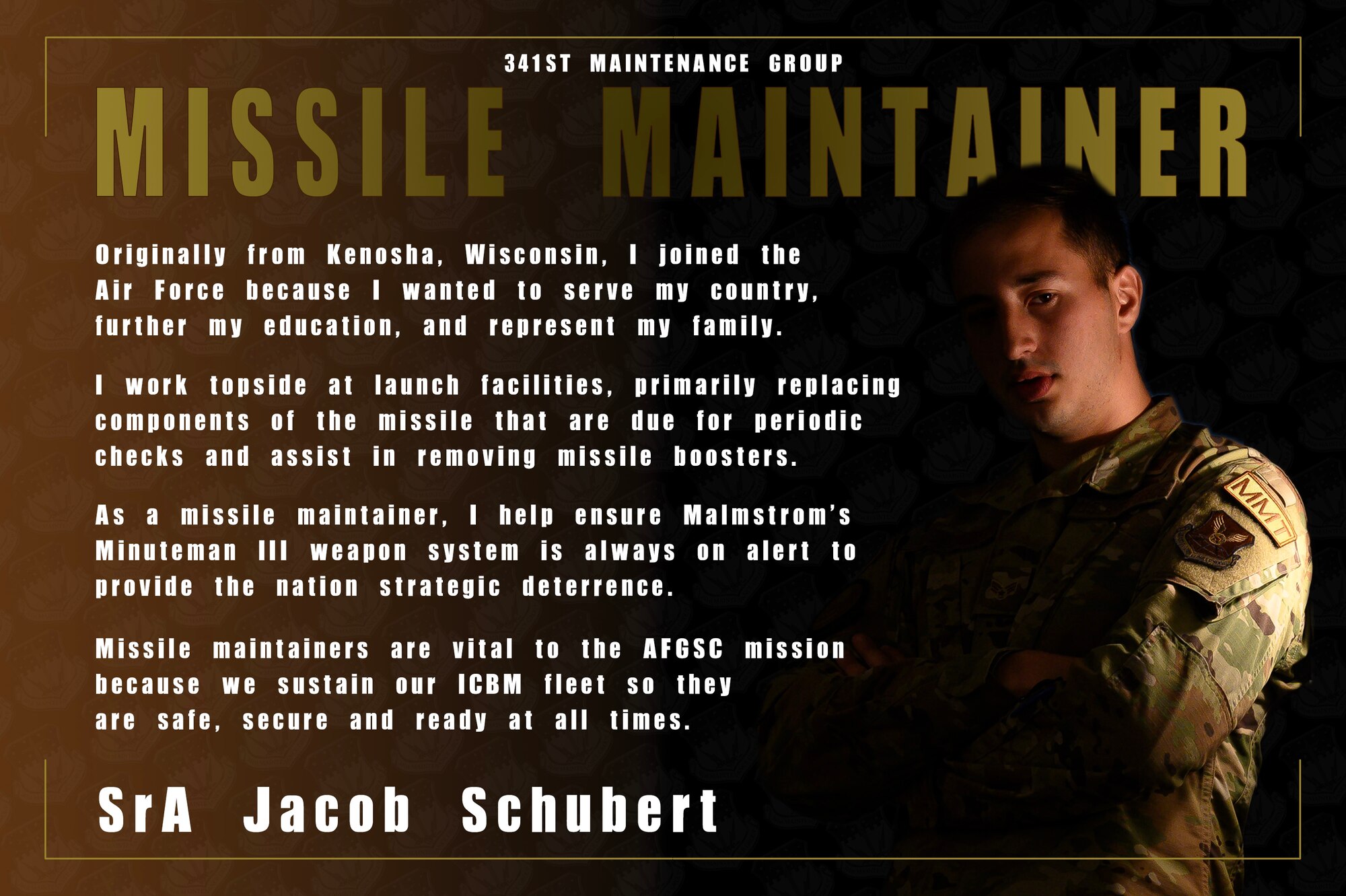 Photo illustration of SrA Jacob Schubert, 373rd Training Squadron Detachtment 22 missile maintenance team trainer. (U.S. Air Force photo illustration by Senior Airman Jacob M. Thompson)