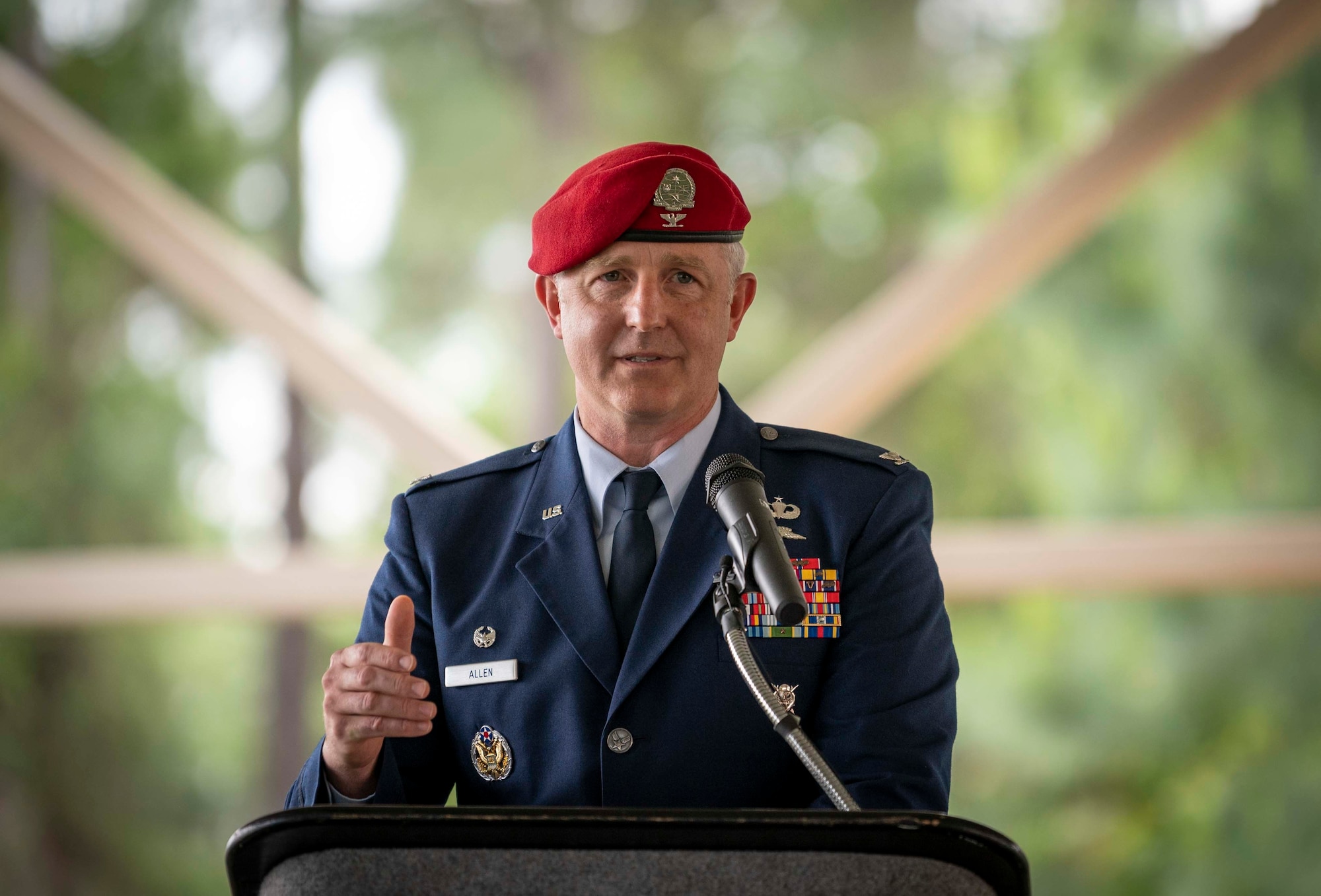 U.S. Air Force Col. Matthew Allen, the commander of the 24th Special Operations Wing, delivers a speech during a dedication ceremony.