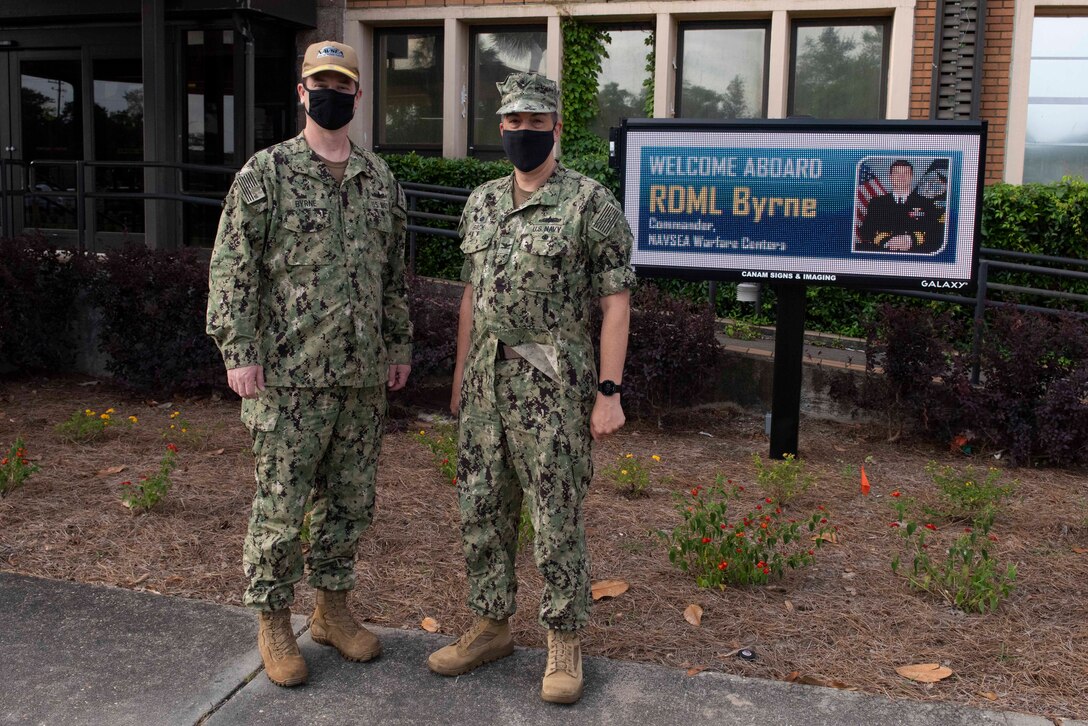 Rear Adm. Kevin Byrne, left, commander of the Naval Sea Systems Command (NAVSEA) Warfare Centers, visited Naval Surface Warfare Center Panama City Division May 18 to learn how the command is expanding the advantage by developing technical capabilities to meet emerging needs.