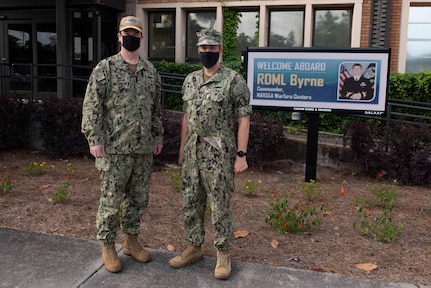 Rear Adm. Kevin Byrne, left, commander of the Naval Sea Systems Command (NAVSEA) Warfare Centers, visited Naval Surface Warfare Center Panama City Division May 18 to learn how the command is expanding the advantage by developing technical capabilities to meet emerging needs.