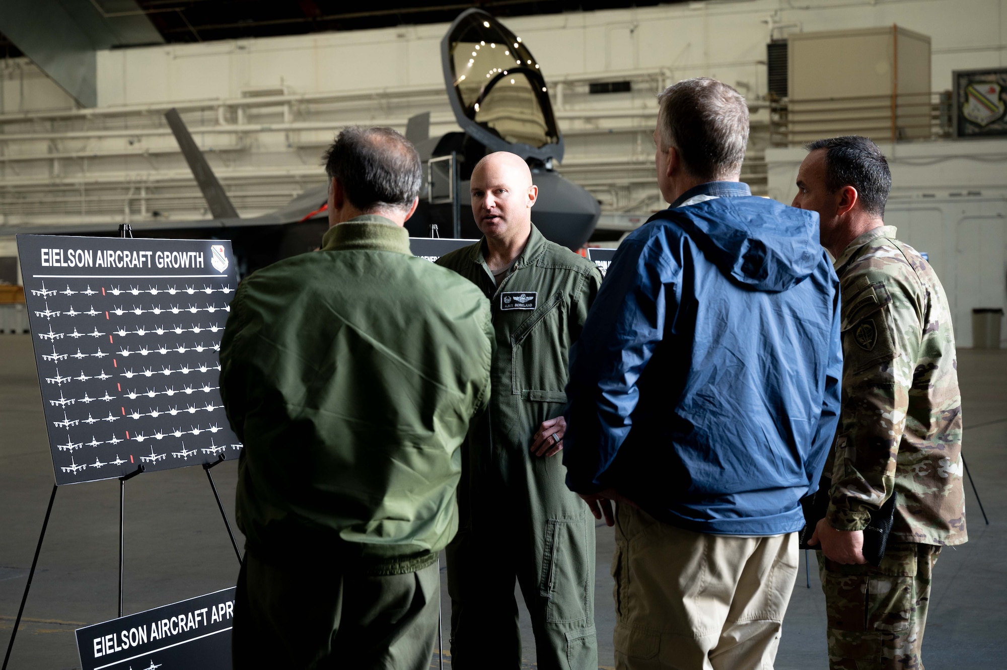 U.S. Air Force Col. David Berkland, second from left, the 354th Fighter Wing commander, talks about the wing’s aircraft growth to Adm. John Aquilino, left, the U.S. Indo-Pacific Command (USINDOPACOM) commander, Sen. Dan Sullivan, second from right, and Command Sgt. Maj. Shane W. Shorter, the USINDOPACOM command senior enlisted leader, on Eielson Air Force Base, Alaska, May 15, 2021.