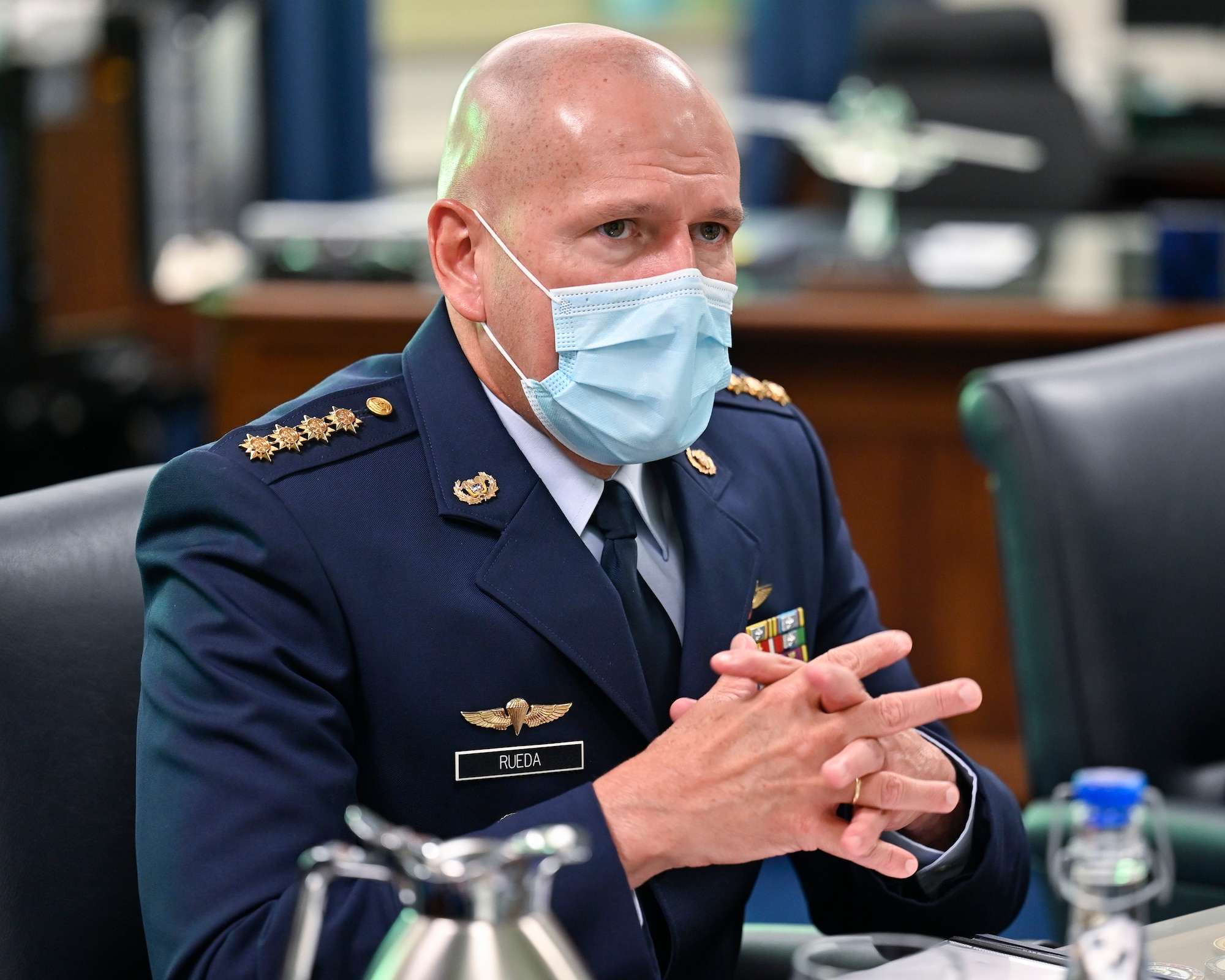 Gen. Ramses Rueda Rueda, commander of the Colombian air force, speaks with Chief of Space Operations Gen. John W. Raymond during a meeting