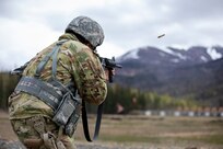 Alaska National Guard Soldiers and Airmen compete amongst one another in a series of marksmanship events at Joint Base Elmendorf-Richardson, May 15, 2021, as part of the 2021 Alaska National Guard Adjutant General Match, or TAG Match. TAG Match is a marksmanship competition comprising several timed pistol and rifle events. (U.S. Army National Guard photo by Spc. Grace Nechanicky)