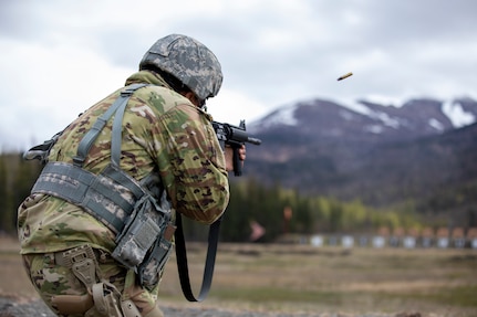 Alaska National Guard Soldiers and Airmen compete amongst one another in a series of marksmanship events at Joint Base Elmendorf-Richardson, May 15, 2021, as part of the 2021 Alaska National Guard Adjutant General Match, or TAG Match. TAG Match is a marksmanship competition comprising several timed pistol and rifle events. (U.S. Army National Guard photo by Spc. Grace Nechanicky)